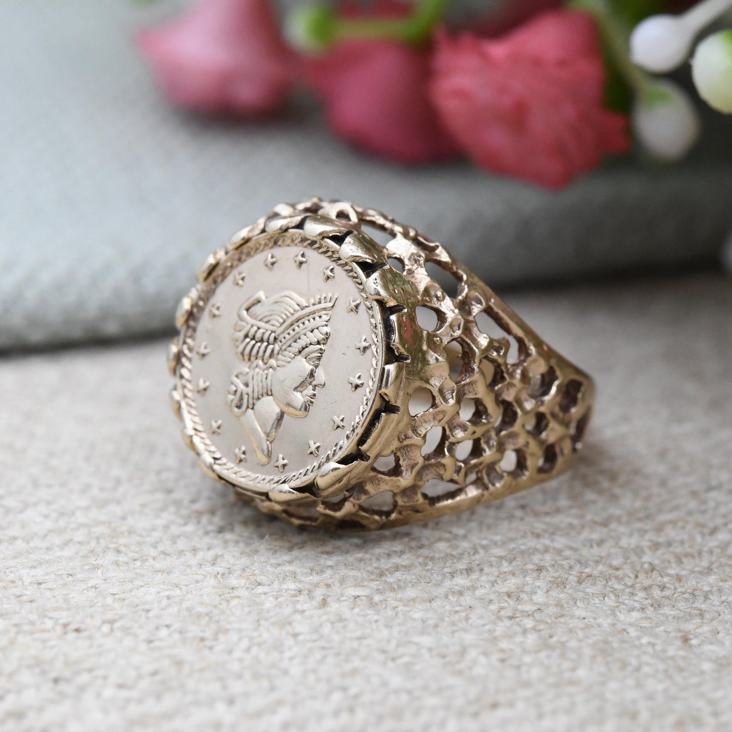 Vintage 9ct Gold Liberty Head Tallar Coin Signet Ring 1982 - Fantasy Coin Jewellery USA Lady Liberty | Small UK Size - H 1/2 | US Size - 4
