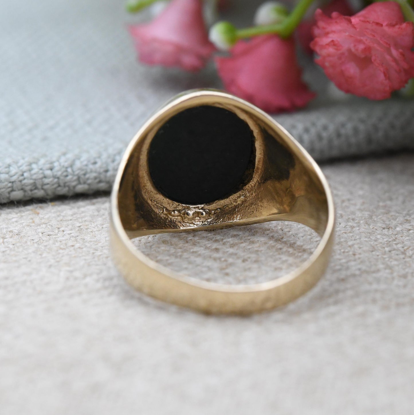 Vintage 9ct Gold Bloodstone Signet Ring 1967 with Flower Shank - Large Green Gemstone Ring Gift for Boyfriend | UK Size - P 1/2 US Size - 8