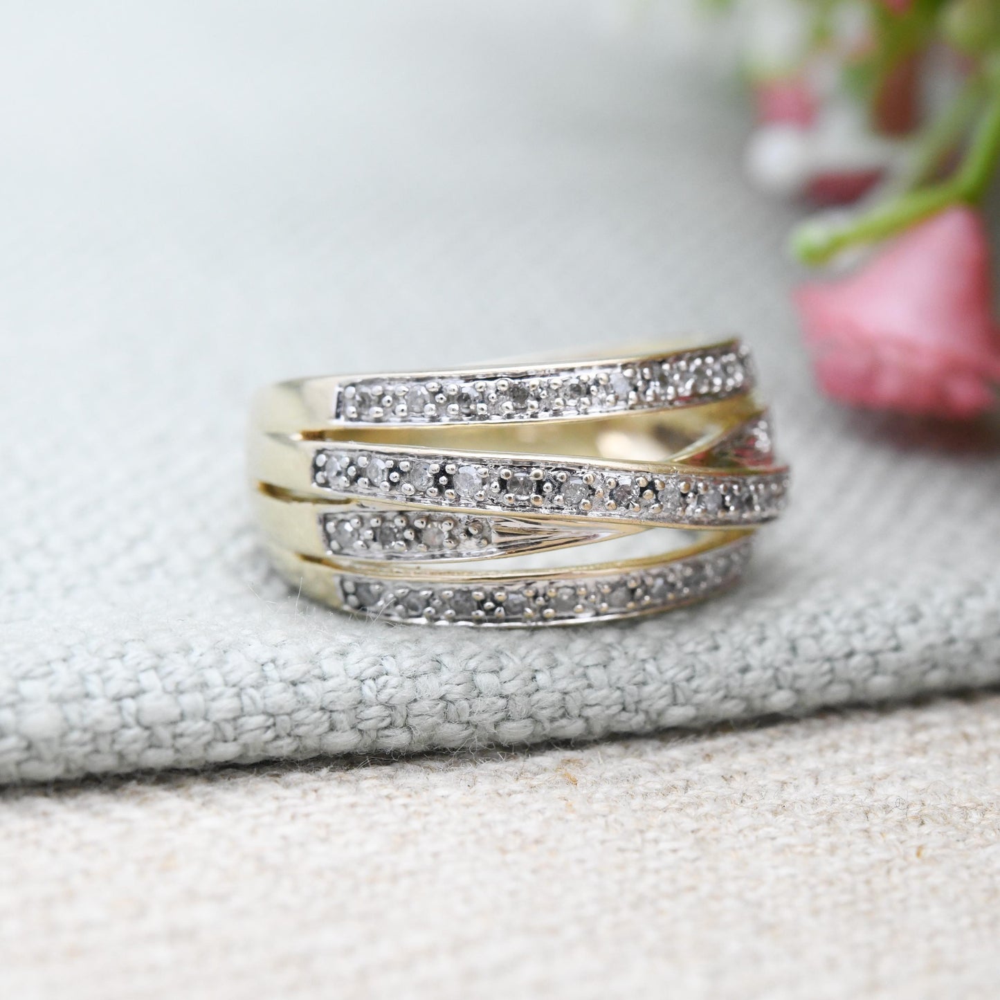 Vintage Multi Band Diamond Ring 9ct Gold Half Eternity .25 Carats 25 Points - Statement Chunky Band Ring Stack | UK Size - M US Size - 6 1/4