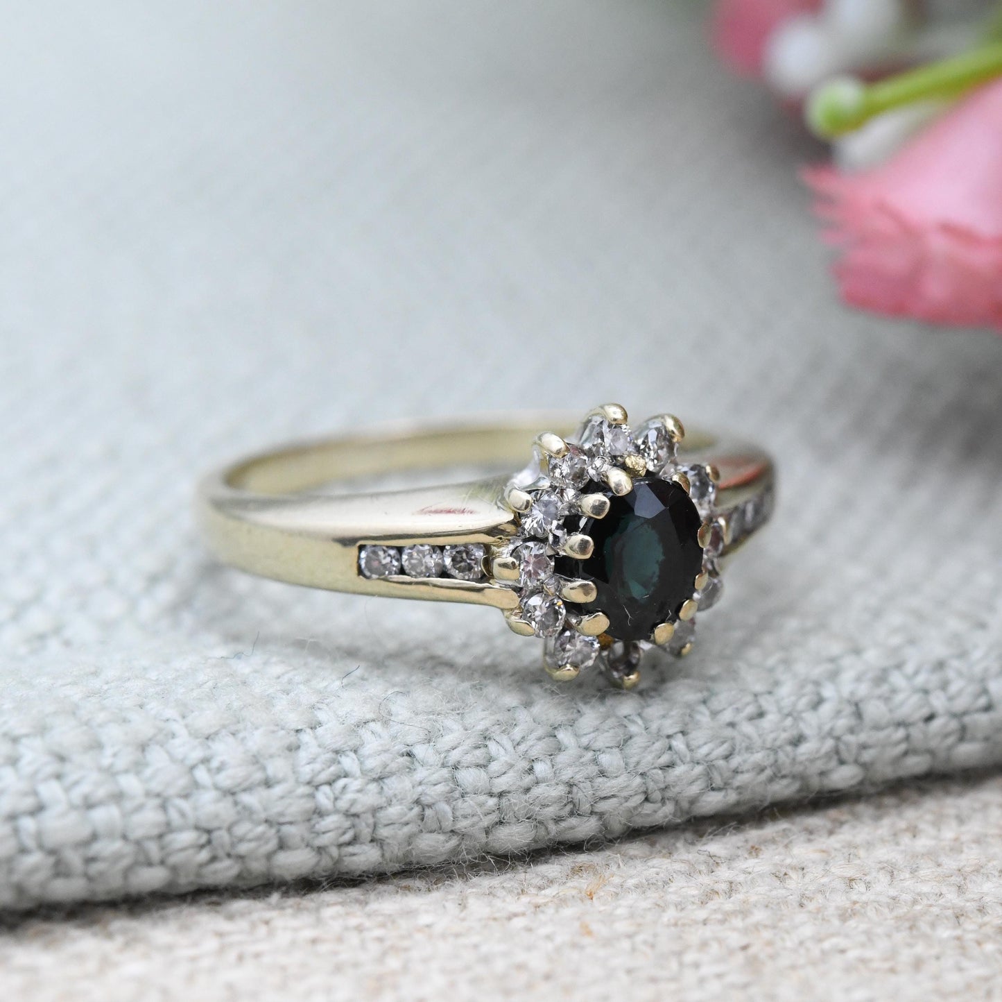 Vintage 9ct Gold Diamond Sapphire Halo Ring with Diamond Shoulders - Statement Deep Blue Engagement Gift | UK Size - J 1/2 | US Size - 5