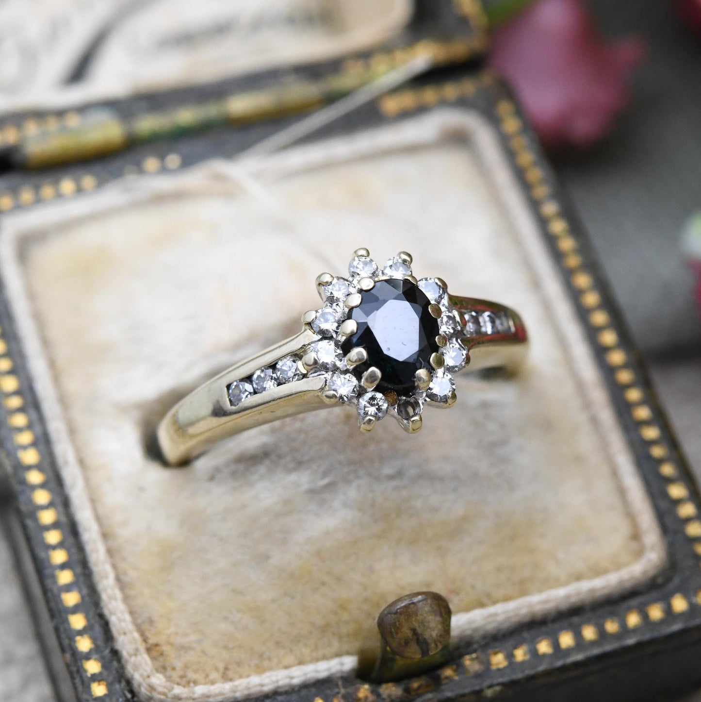 Vintage 9ct Gold Diamond Sapphire Halo Ring with Diamond Shoulders - Statement Deep Blue Engagement Gift | UK Size - J 1/2 | US Size - 5