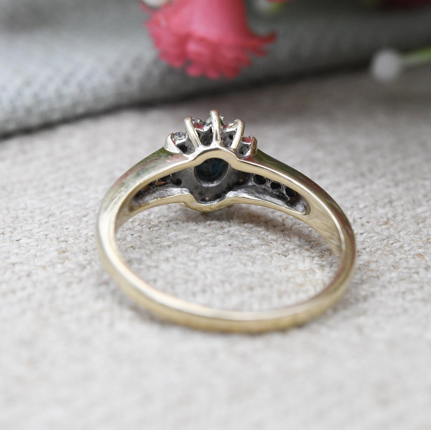 Vintage 9ct Gold Diamond Sapphire Halo Ring with Diamond Shoulders - Statement Deep Blue Engagement Gift | UK Size - J 1/2 | US Size - 5