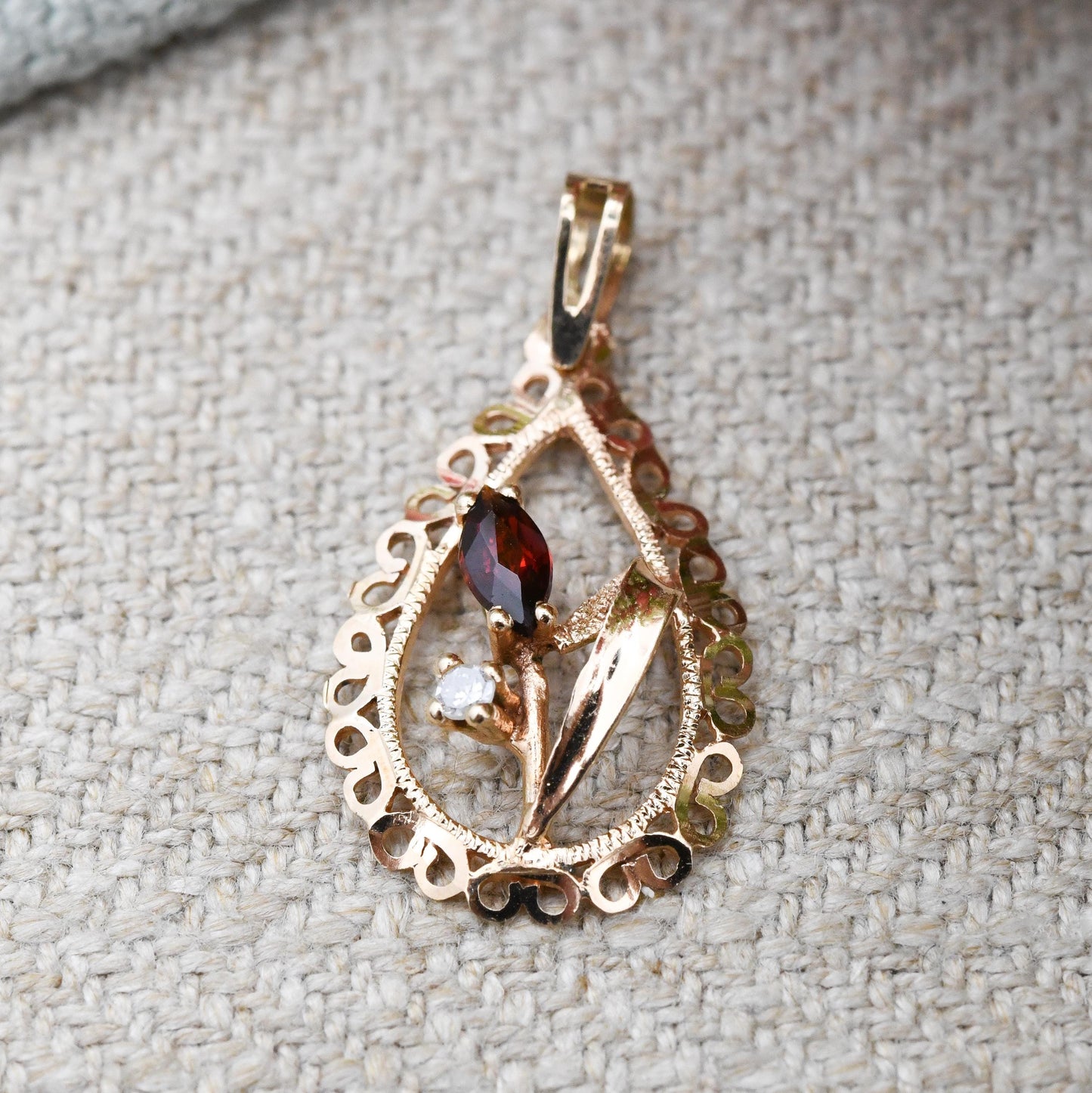 Vintage 9ct Gold Garnet Flower Pendant with White Stone - Marquise Red Stone | Bulrush Tulip | Pretty January Birthstone Jewellery Gift