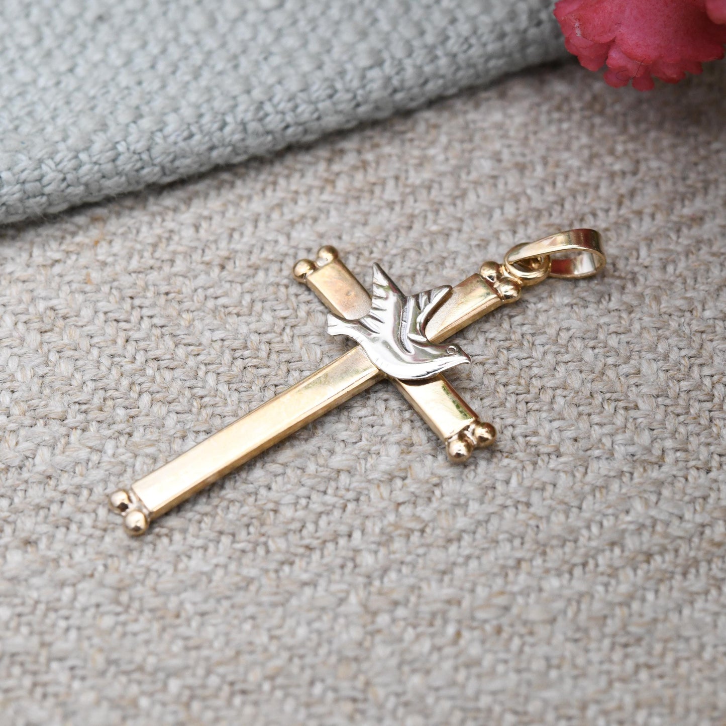 Vintage 9ct Gold Cross Pendant with White Gold Dove of Peace - Pretty Yellow Gold Christian Religious Necklace Gift Christening Baptism