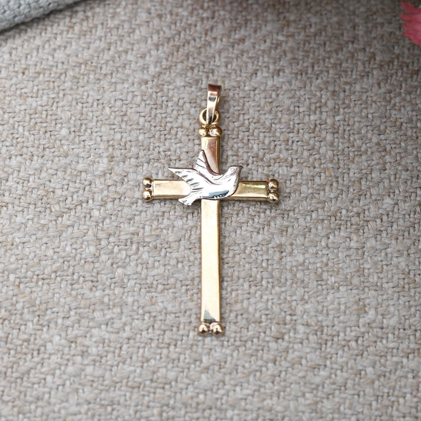 Vintage 9ct Gold Cross Pendant with White Gold Dove of Peace - Pretty Yellow Gold Christian Religious Necklace Gift Christening Baptism