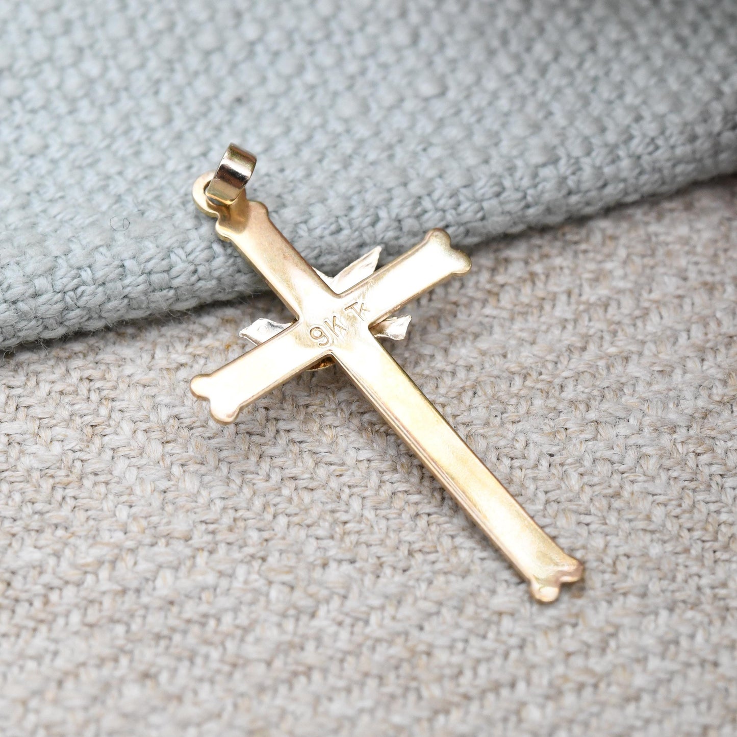 Vintage 9ct Gold Cross Pendant with White Gold Dove of Peace - Pretty Yellow Gold Christian Religious Necklace Gift Christening Baptism