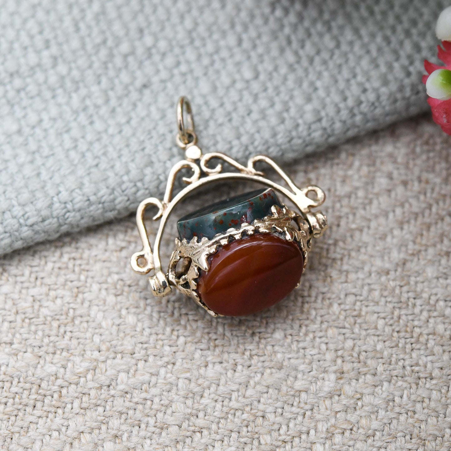 Vintage 9ct Gold Gemstone Spinner Fob Pendant - Antique Style Miniature Spinning Watch Fob Charm Ornate | Onyx Bloodstone Red Carnelian