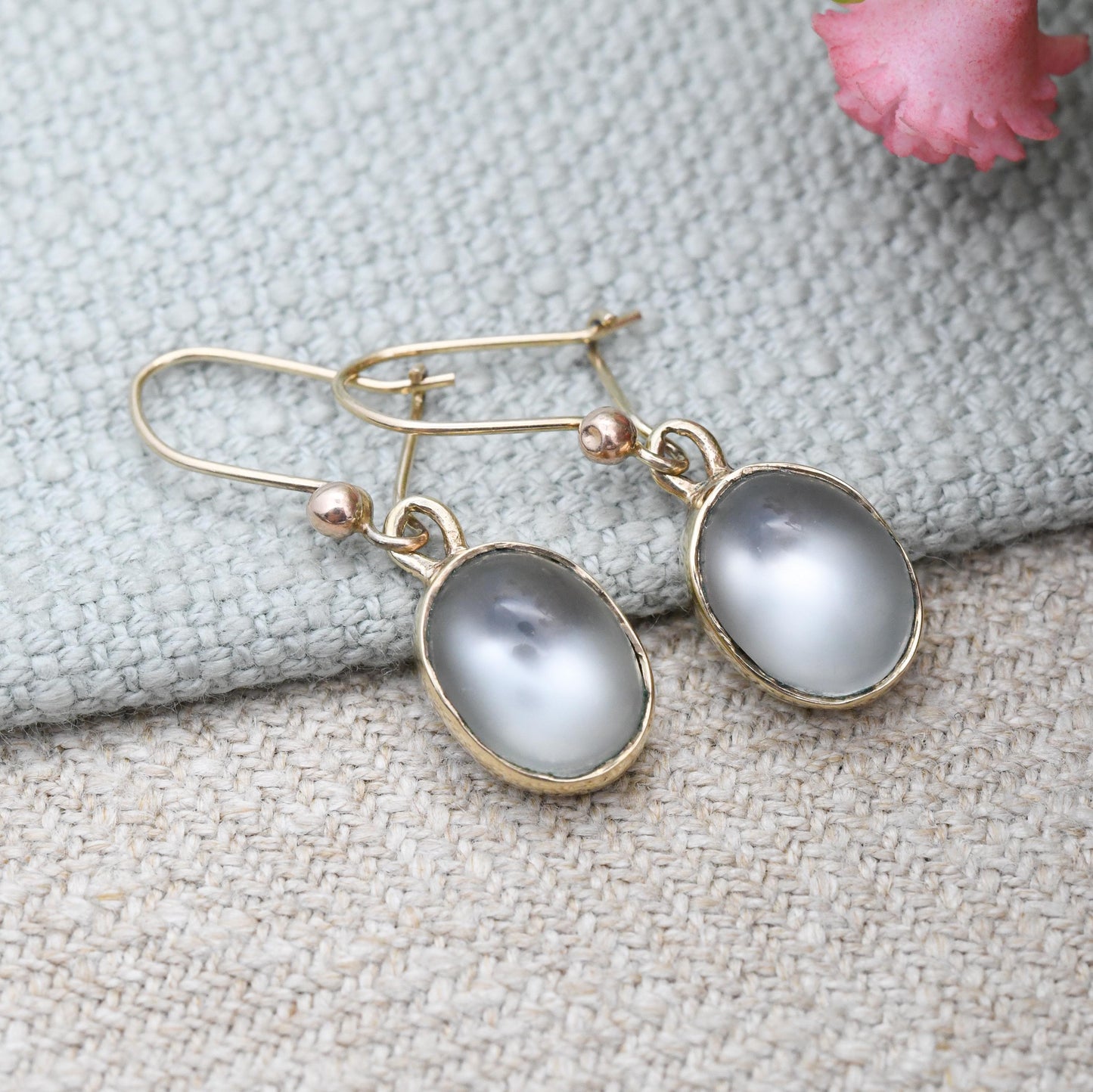 Vintage 9ct Gold Moonstone Drop Earrings 1976 - Solid Gold Dangle Stud Earrings | Cabochon White Oval Gemstone | Pretty Jewellery Gift