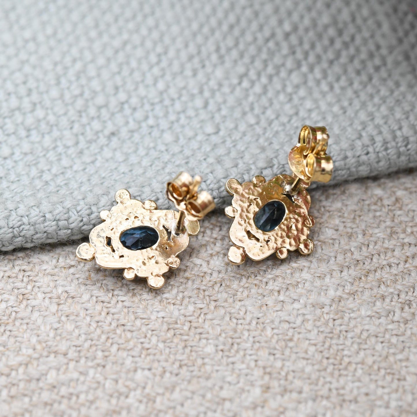 Vintage 9ct Gold Blue Stone Stud Earrings 1990 - Ornate Solitaire Antique Style Frame Mounts | Pretty Gold Jewellery Gift for Her