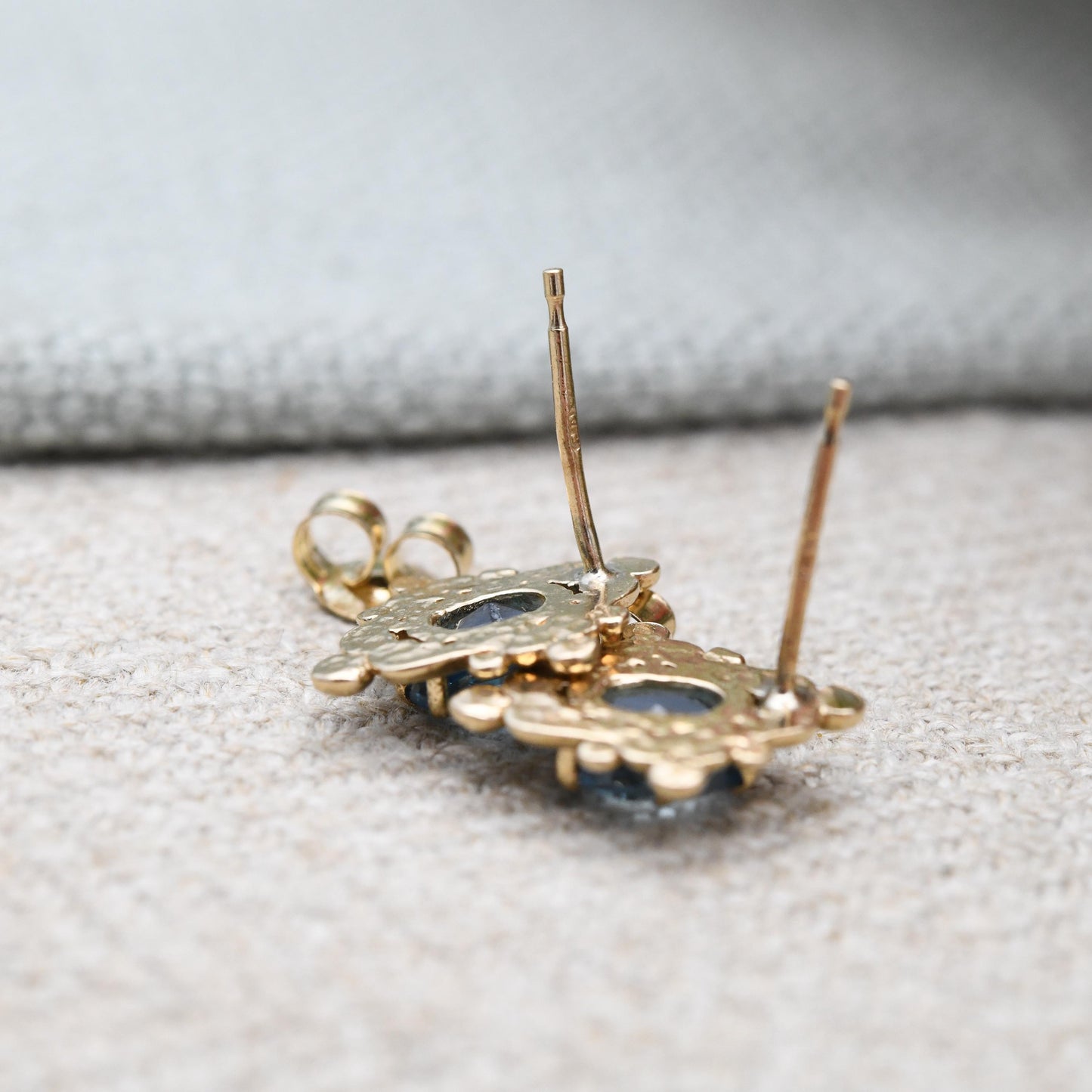 Vintage 9ct Gold Blue Stone Stud Earrings 1990 - Ornate Solitaire Antique Style Frame Mounts | Pretty Gold Jewellery Gift for Her