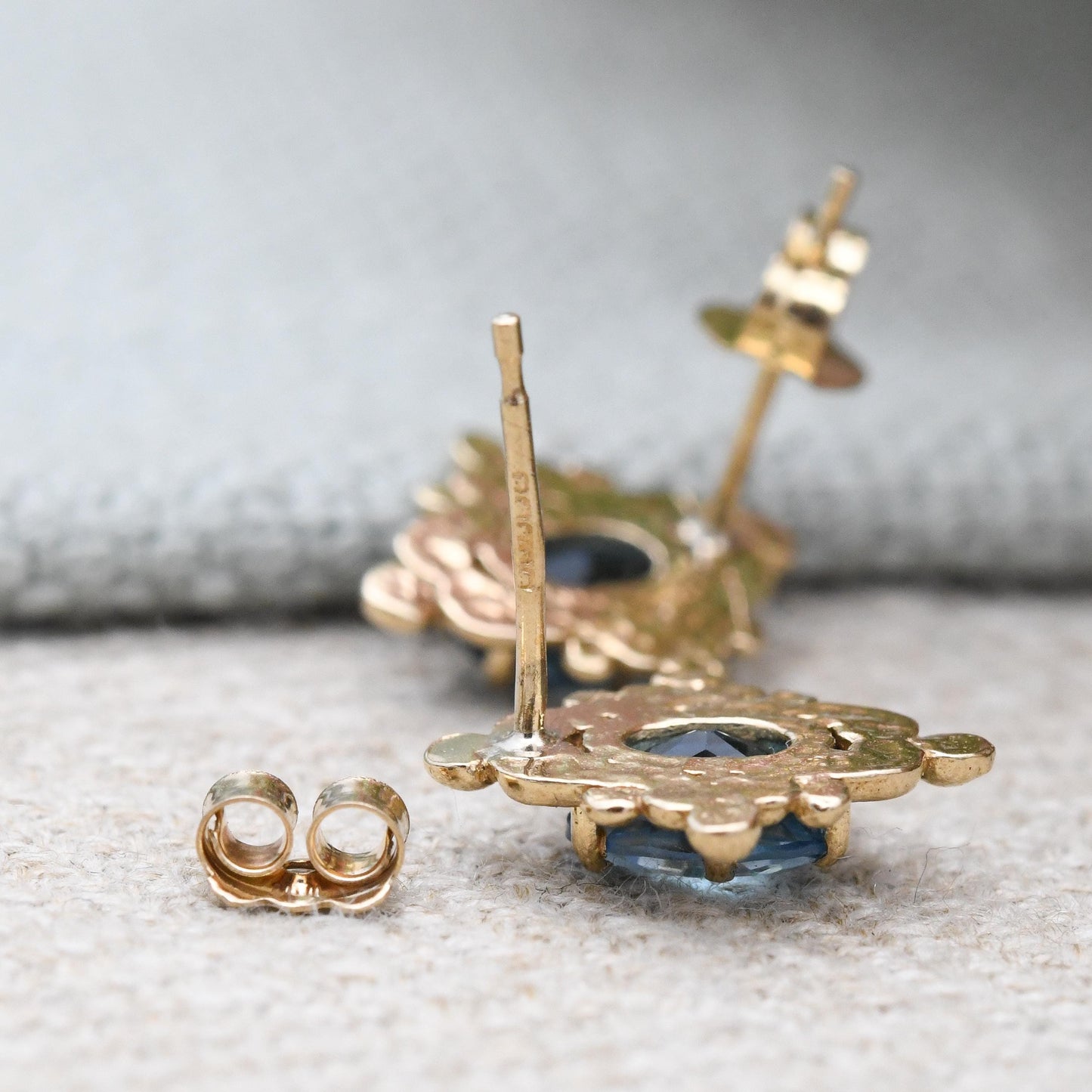 Vintage 9ct Gold Blue Stone Stud Earrings 1990 - Ornate Solitaire Antique Style Frame Mounts | Pretty Gold Jewellery Gift for Her