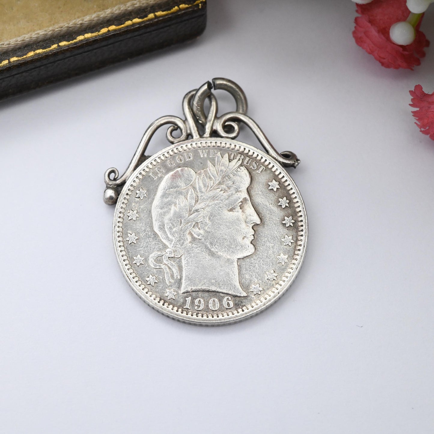 Antique 1906 US Quarter Dollar Coin Pendant Barber Quarter 1/4 - United States of America Silver Coin Jewellery | Collectable Souvenir Gift