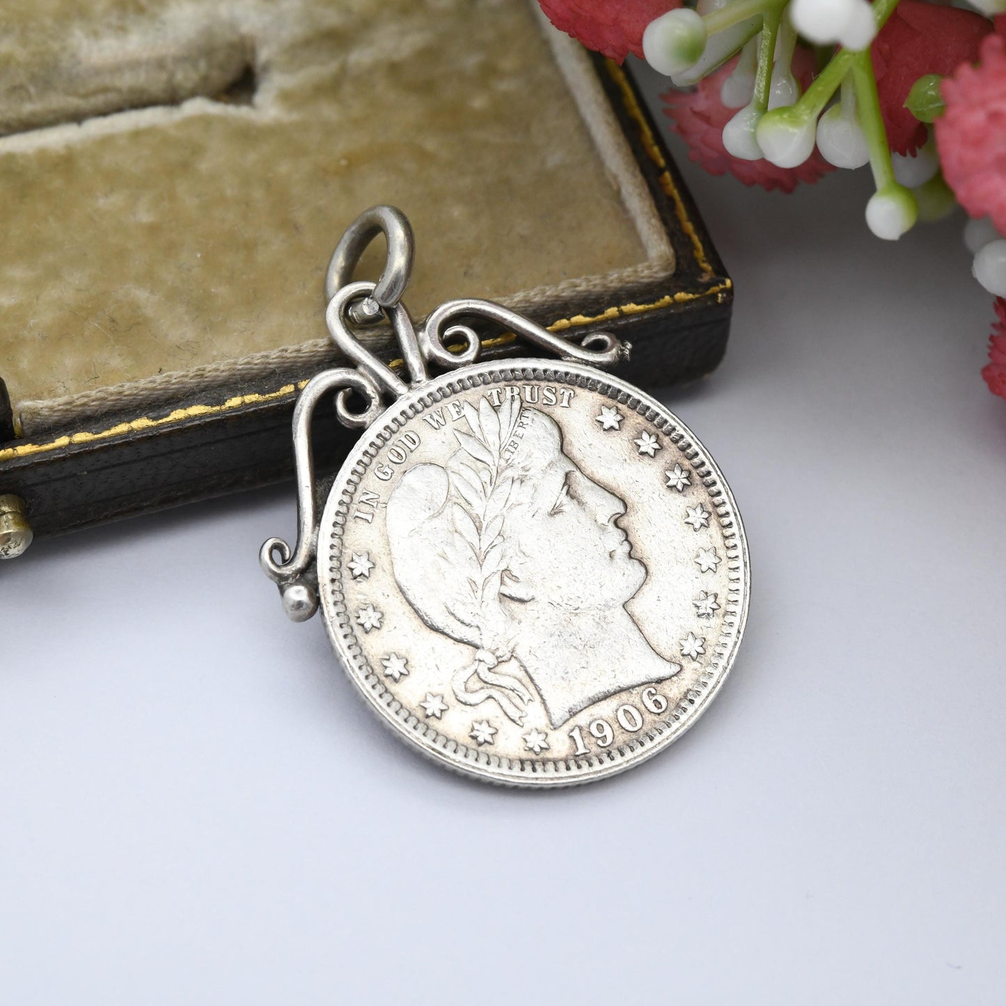 Antique 1906 US Quarter Dollar Coin Pendant Barber Quarter 1/4 - United States of America Silver Coin Jewellery | Collectable Souvenir Gift