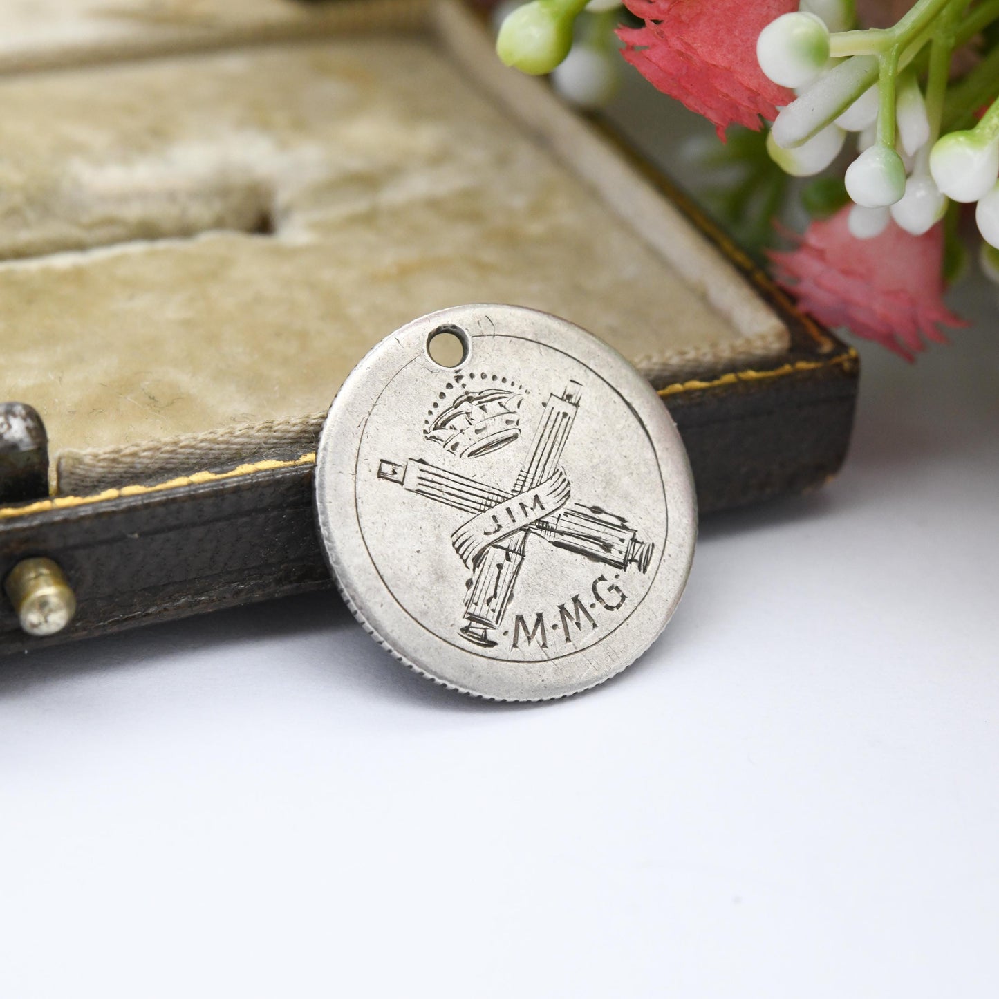 Antique WWI Motor Machine Guns Silver Love Token Sixpence Coin Charm Pendant MMG Badge c 1914 - Engraved Pictorial Medallion Army Emblem Jim