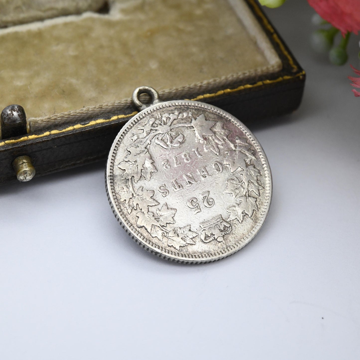 Antique Victorian 25 Cents Canada Coin 1872 Pendant Sterling Silver - Queen Victoria Silver Coin Jewellery | Maple Leaves Canadian Souvenir