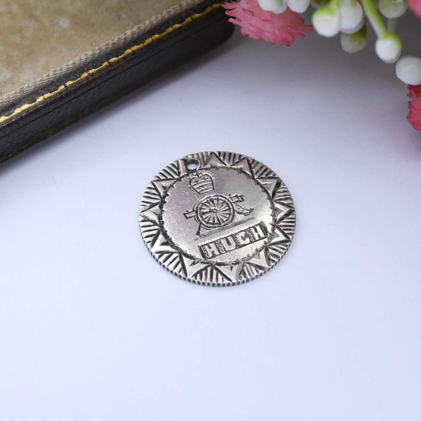 Antique WWI Gunners Silver Love Token Sixpence Coin Charm Pendant Royal Artillery Badge c 1914 - Engraved Pictorial Cannon British Army Hugh
