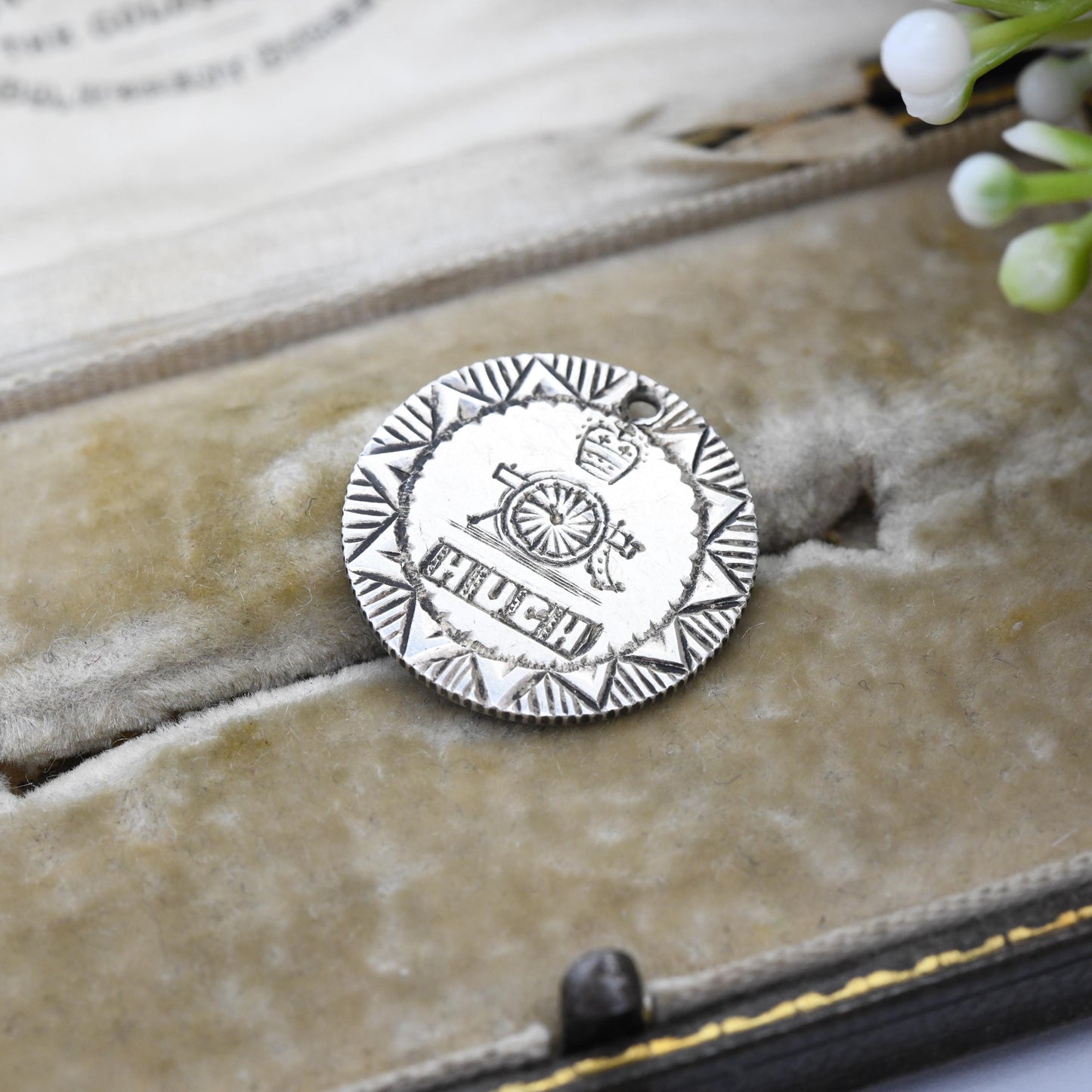 Antique WWI Gunners Silver Love Token Sixpence Coin Charm Pendant Royal Artillery Badge c 1914 - Engraved Pictorial Cannon British Army Hugh