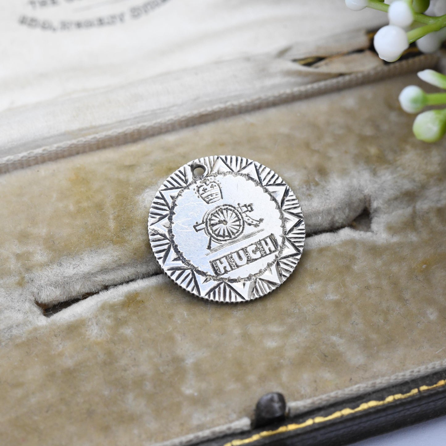 Antique WWI Gunners Silver Love Token Sixpence Coin Charm Pendant Royal Artillery Badge c 1914 - Engraved Pictorial Cannon British Army Hugh