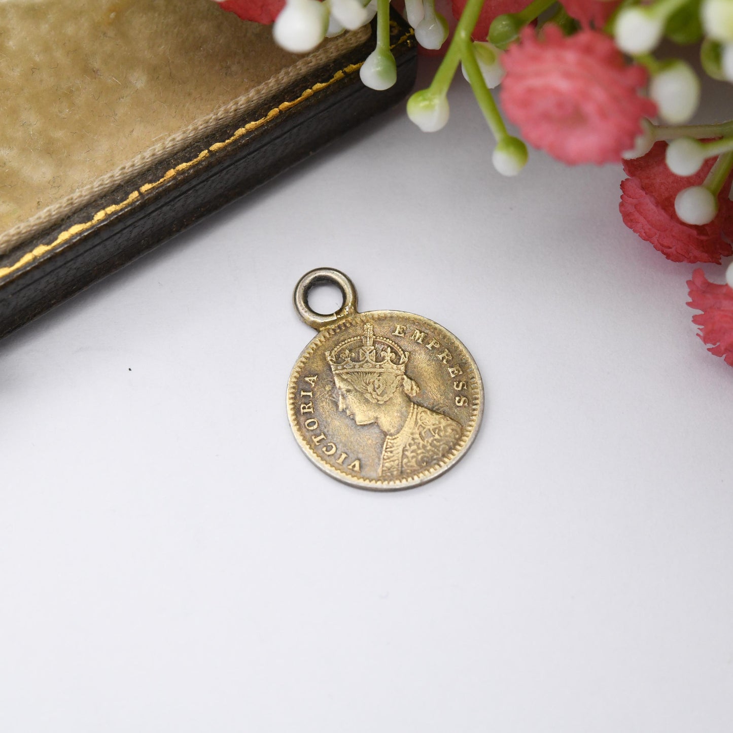 Antique Victorian Indian Two Annas Coin 1885 Silver Charm Pendant - Crowned Victoria Indian Silver Coin Jewellery | Gold Plated