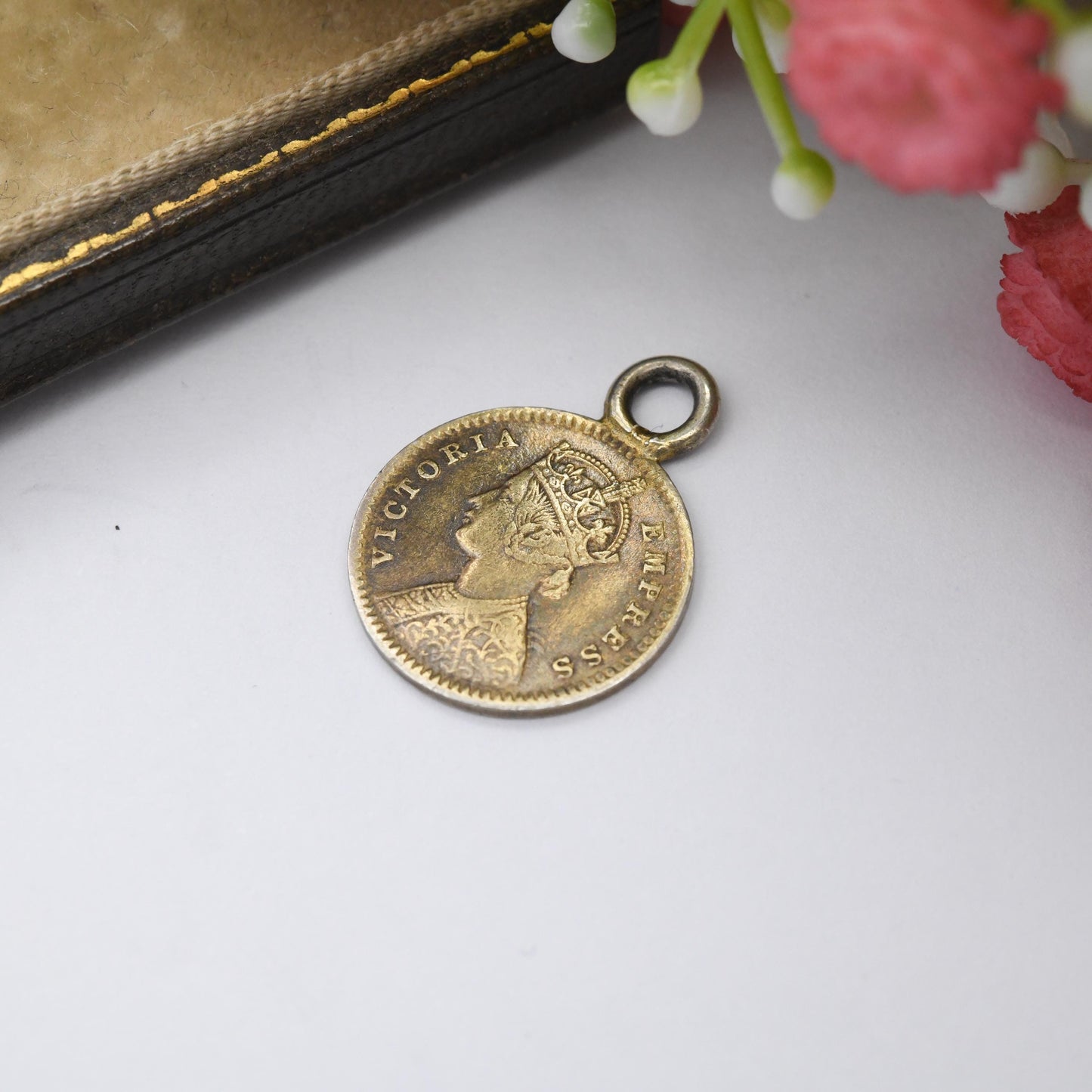 Antique Victorian Indian Two Annas Coin 1885 Silver Charm Pendant - Crowned Victoria Indian Silver Coin Jewellery | Gold Plated