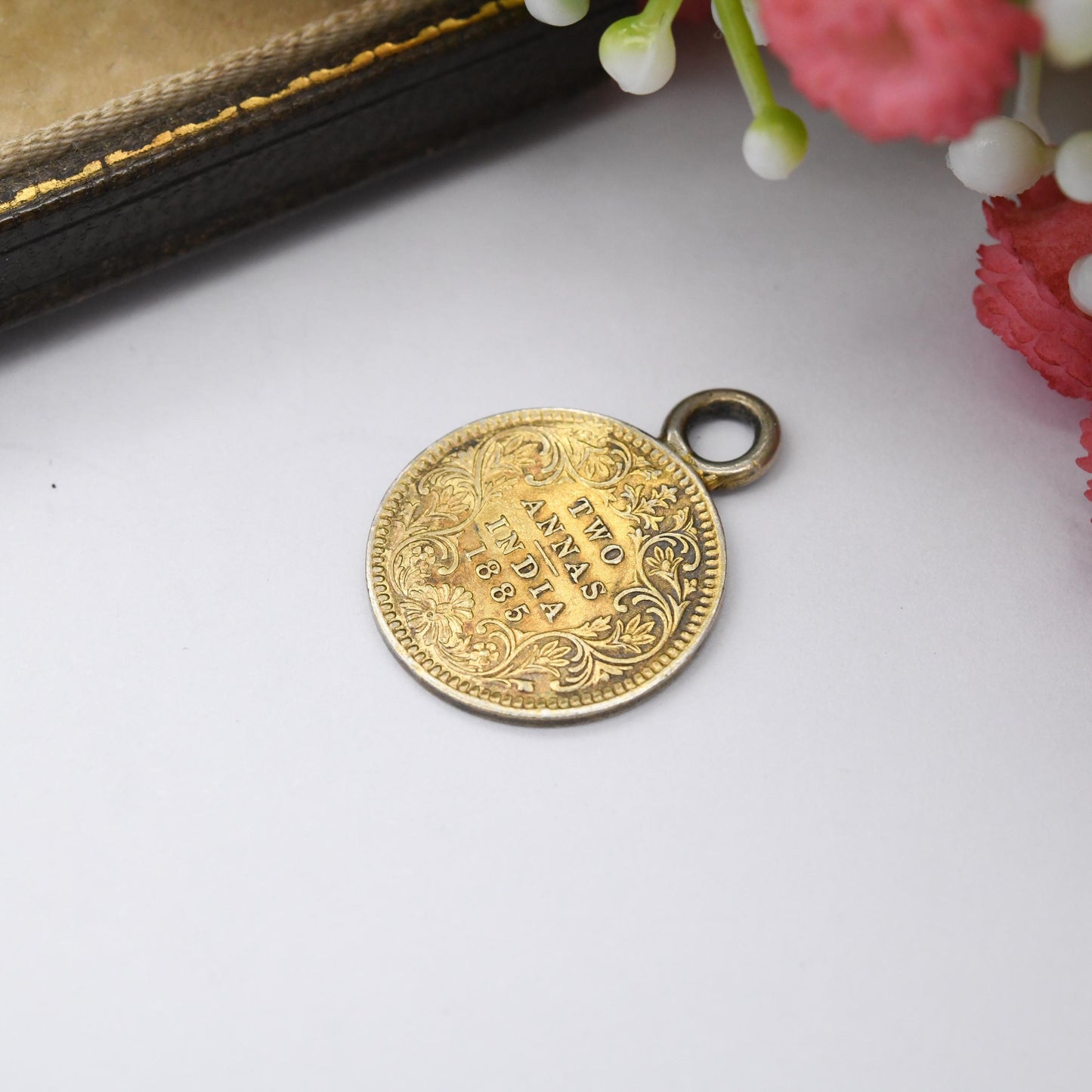 Antique Victorian Indian Two Annas Coin 1885 Silver Charm Pendant - Crowned Victoria Indian Silver Coin Jewellery | Gold Plated