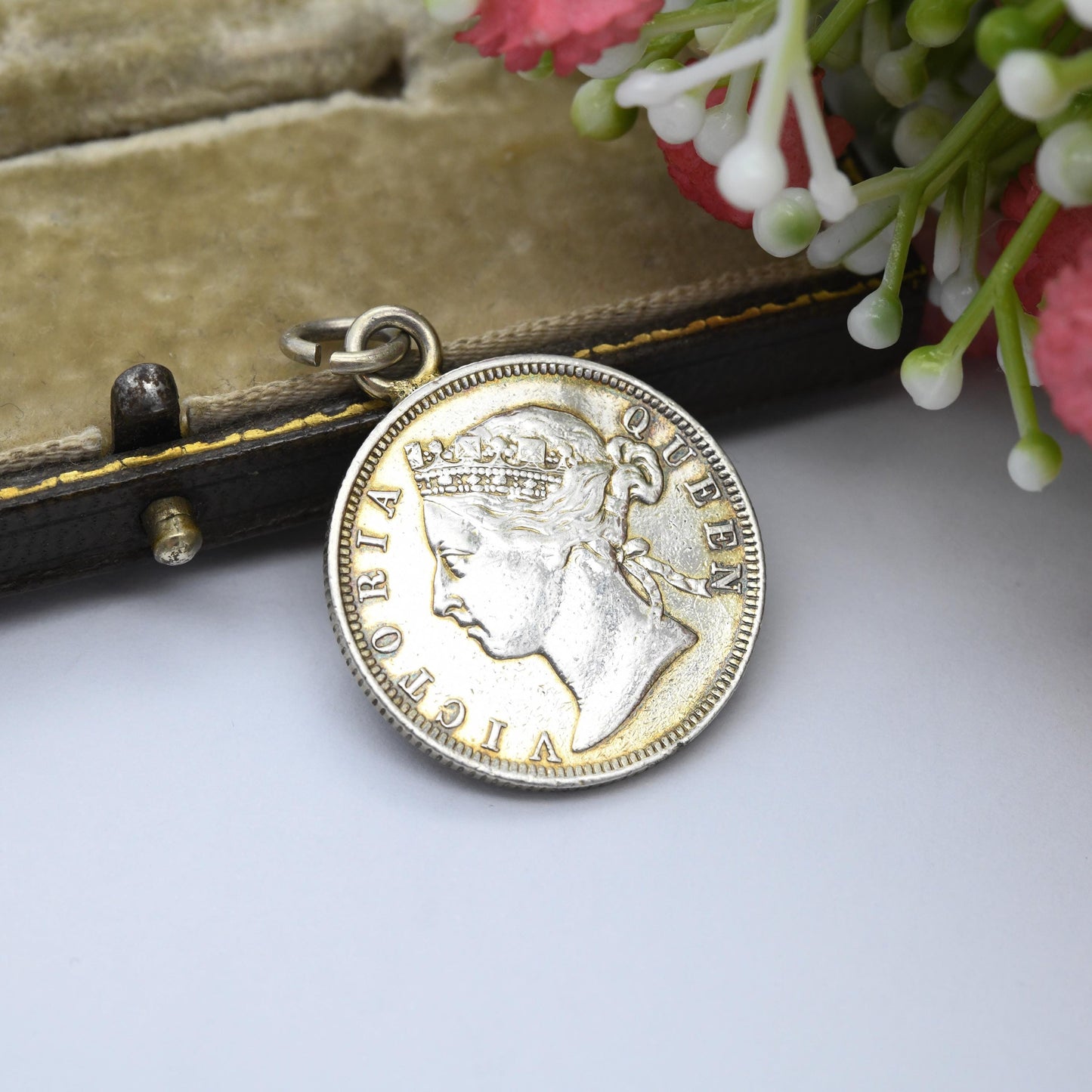 Antique Hong Kong 20 Cents Coin 1885 Queen Victoria Silver Charm Pendant - Young Victoria Crowned Chinese Coin Jewellery