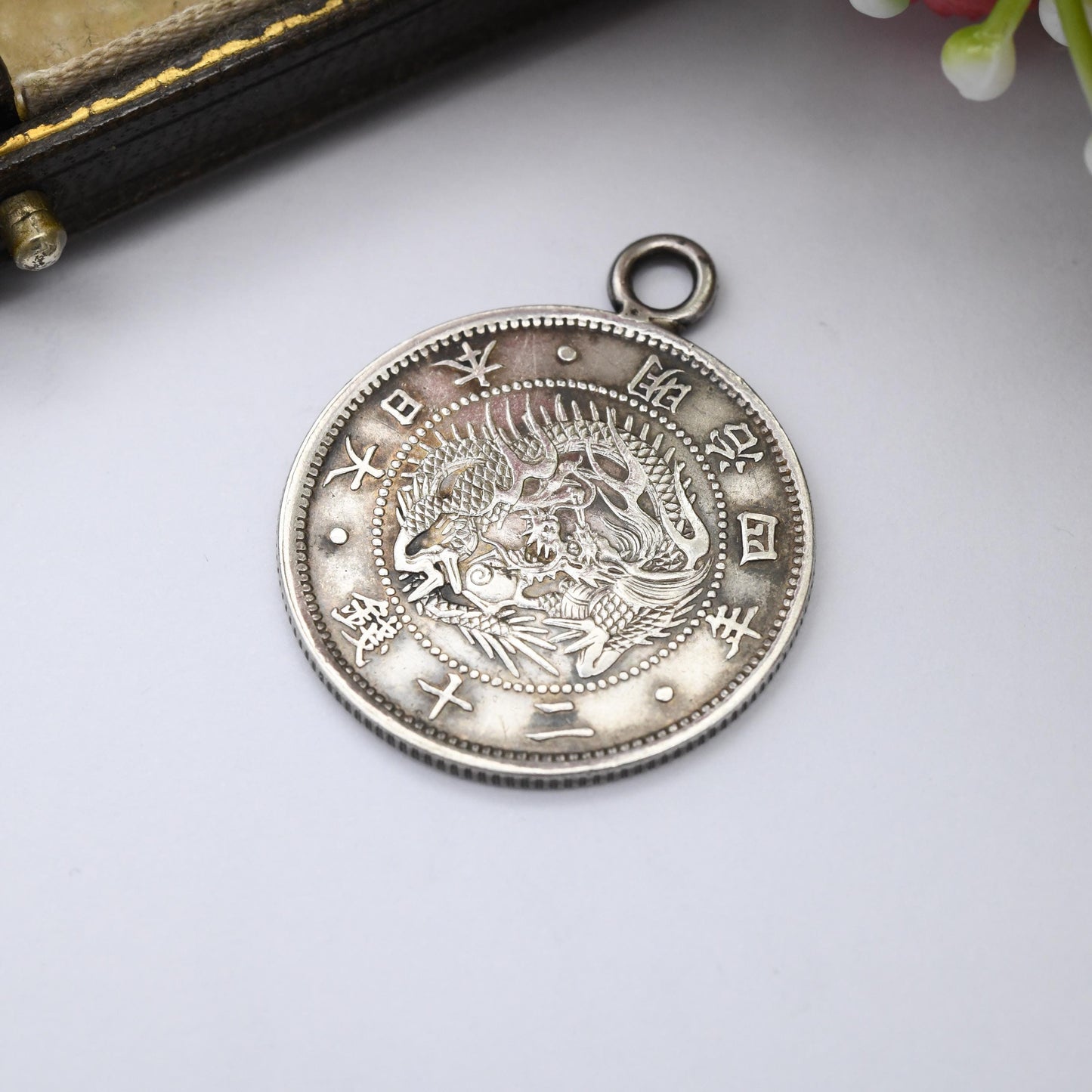1871 Japanese 20 Sen Coin Silver Charm Pendant Antique Year 4 of Meji - Scarce Silver Coin Jewellery | Extremely Fine XF