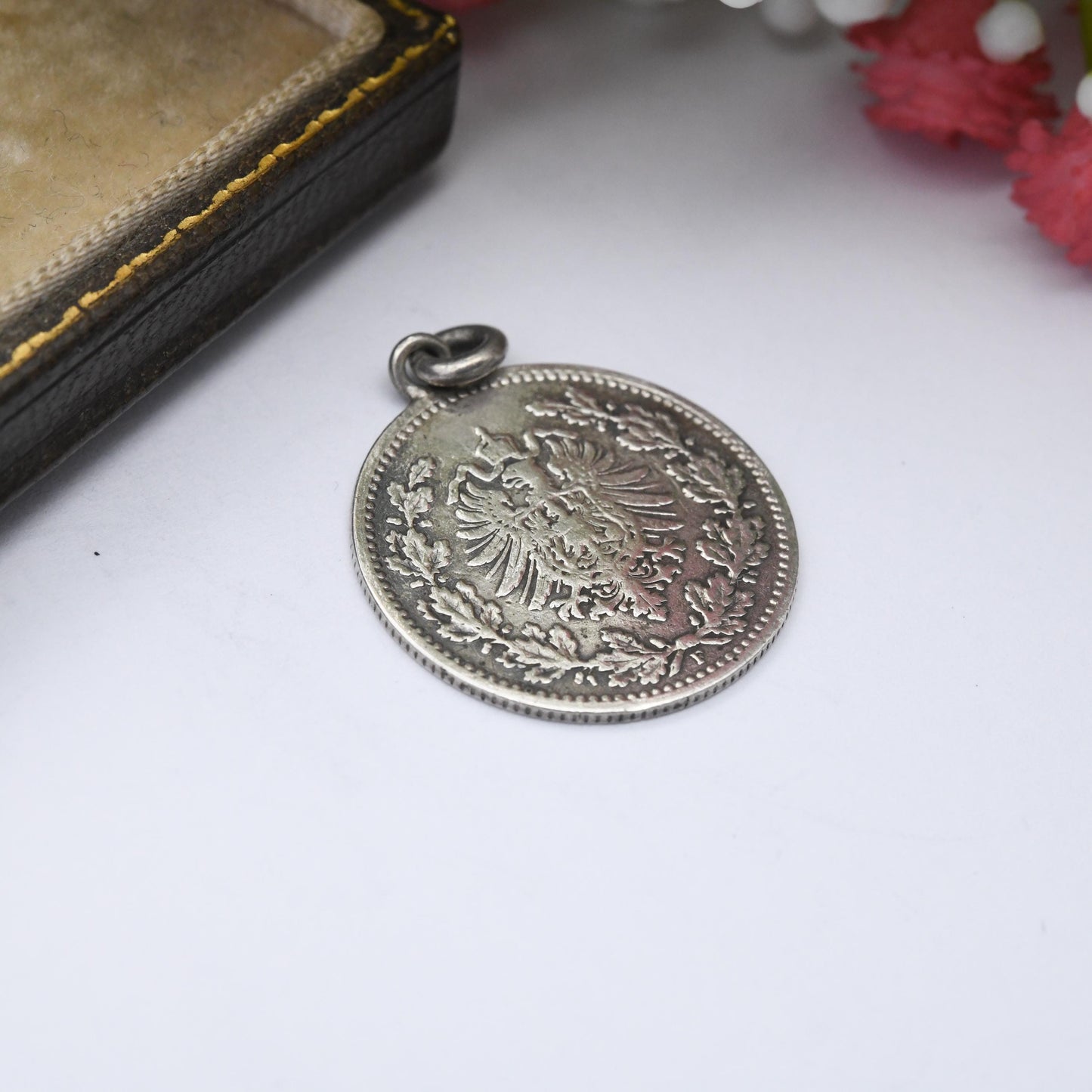Antique Lucky Chimney Sweep Love Token Silver Charm Pendant c. 1870s - Victorian Era Hand Engraved German 1/2 Mark Coin Good Luck Pictorial