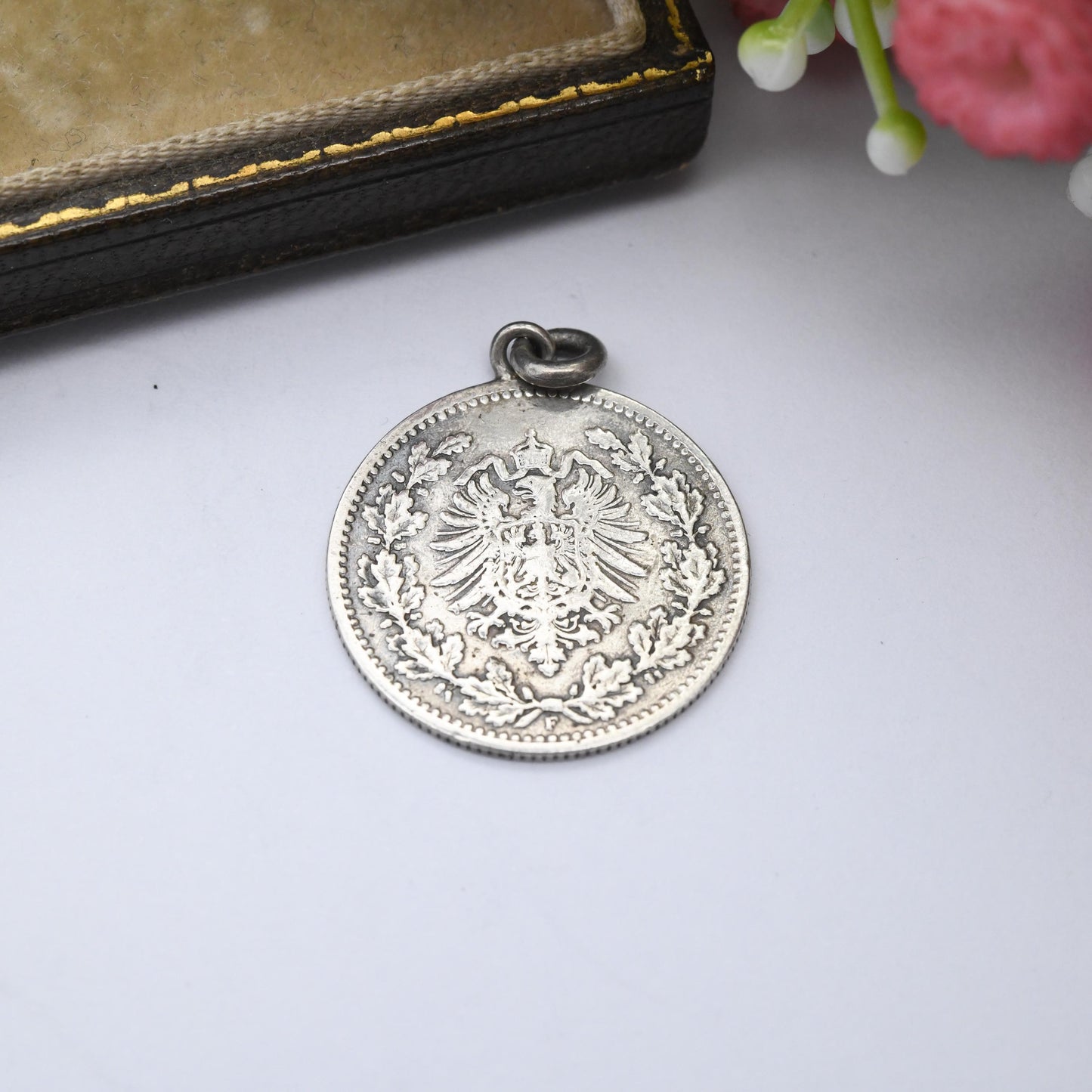 Antique Lucky Chimney Sweep Love Token Silver Charm Pendant c. 1870s - Victorian Era Hand Engraved German 1/2 Mark Coin Good Luck Pictorial