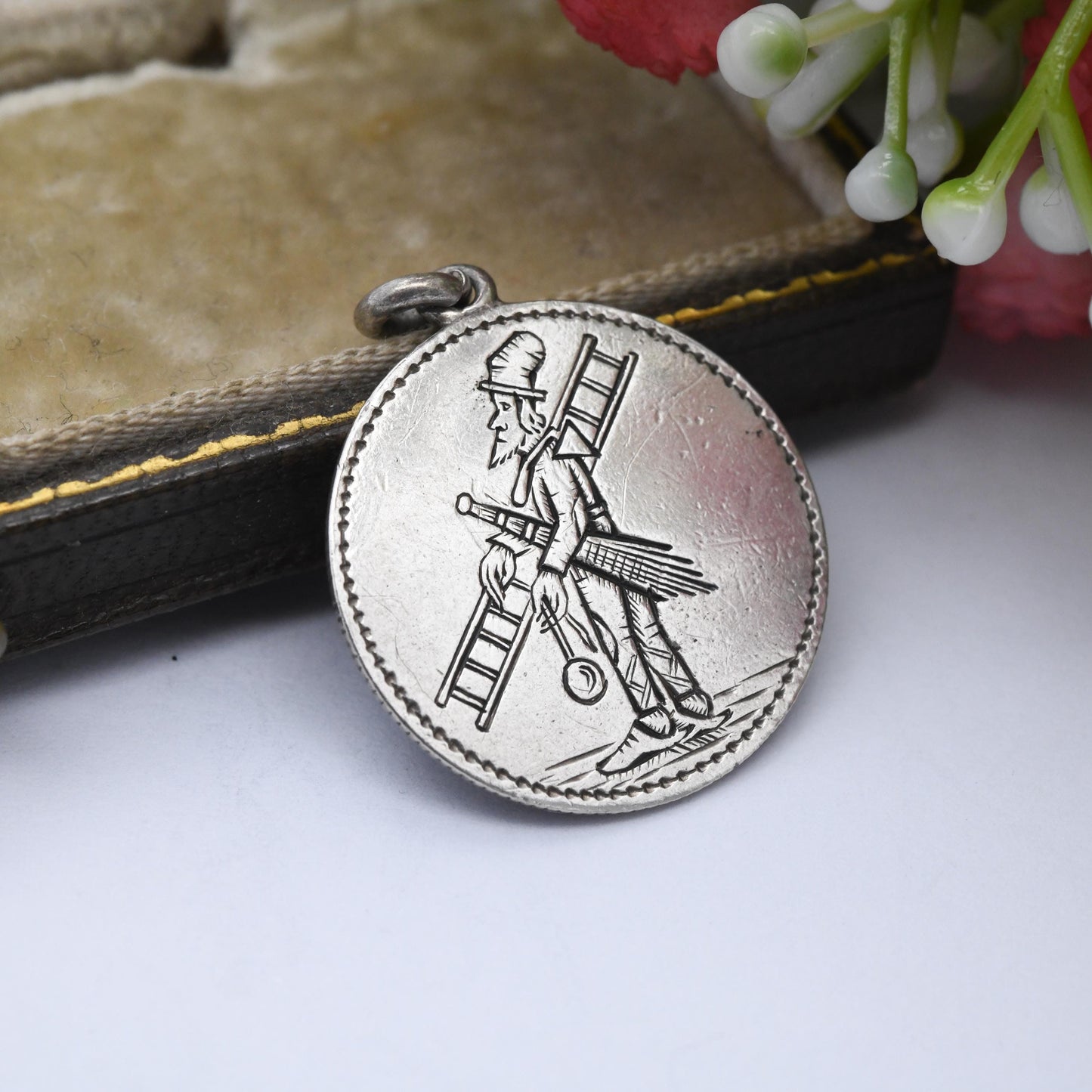 Antique Lucky Chimney Sweep Love Token Silver Charm Pendant c. 1870s - Victorian Era Hand Engraved German 1/2 Mark Coin Good Luck Pictorial