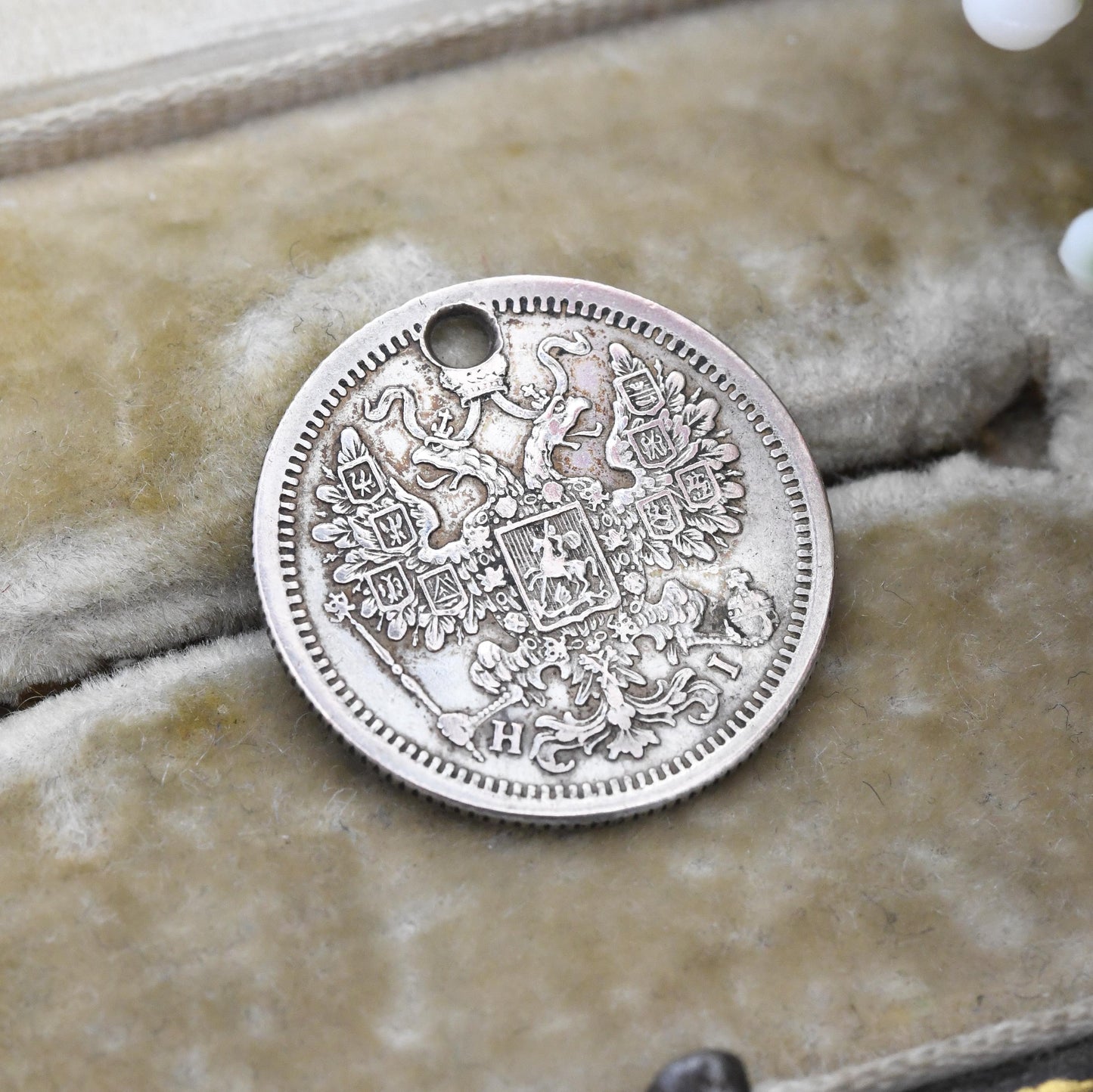 Russian Empire 15 Kopecks Coin Silver Charm Pendant Antique 1876 Alexander II - Rouble Silver Coin Jewellery | Crowned Double Headed Eagle