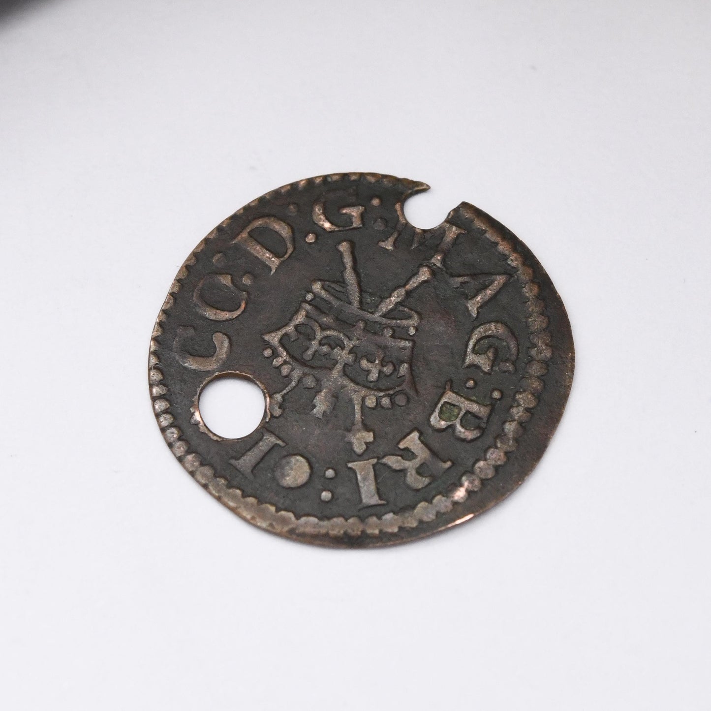 Antique Charles I 1600s Irish Farthing Coin Charm Pendant c. 1625 - 1644 - Pierced Holed Worn Copper Coin Jewellery | Good Luck Present