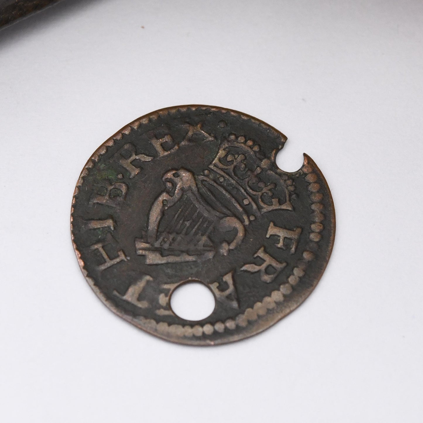 Antique Charles I 1600s Irish Farthing Coin Charm Pendant c. 1625 - 1644 - Pierced Holed Worn Copper Coin Jewellery | Good Luck Present