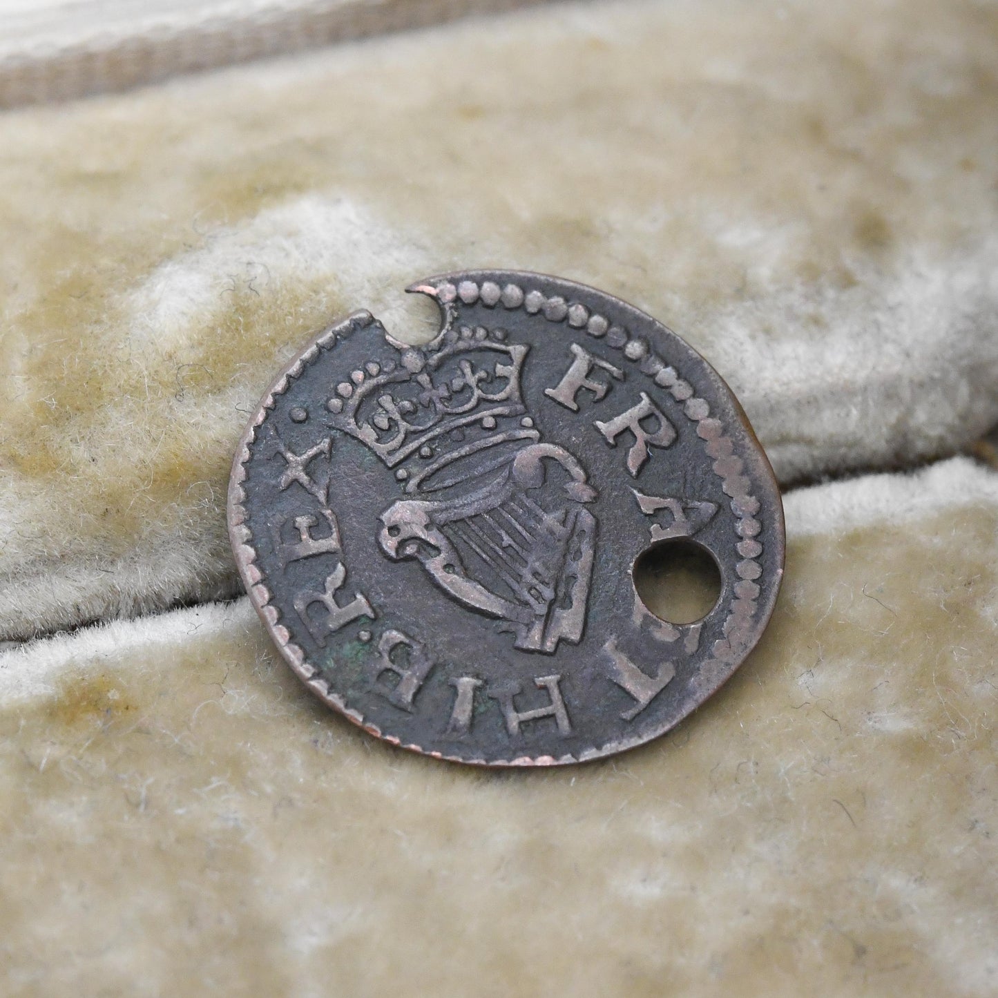 Antique Charles I 1600s Irish Farthing Coin Charm Pendant c. 1625 - 1644 - Pierced Holed Worn Copper Coin Jewellery | Good Luck Present
