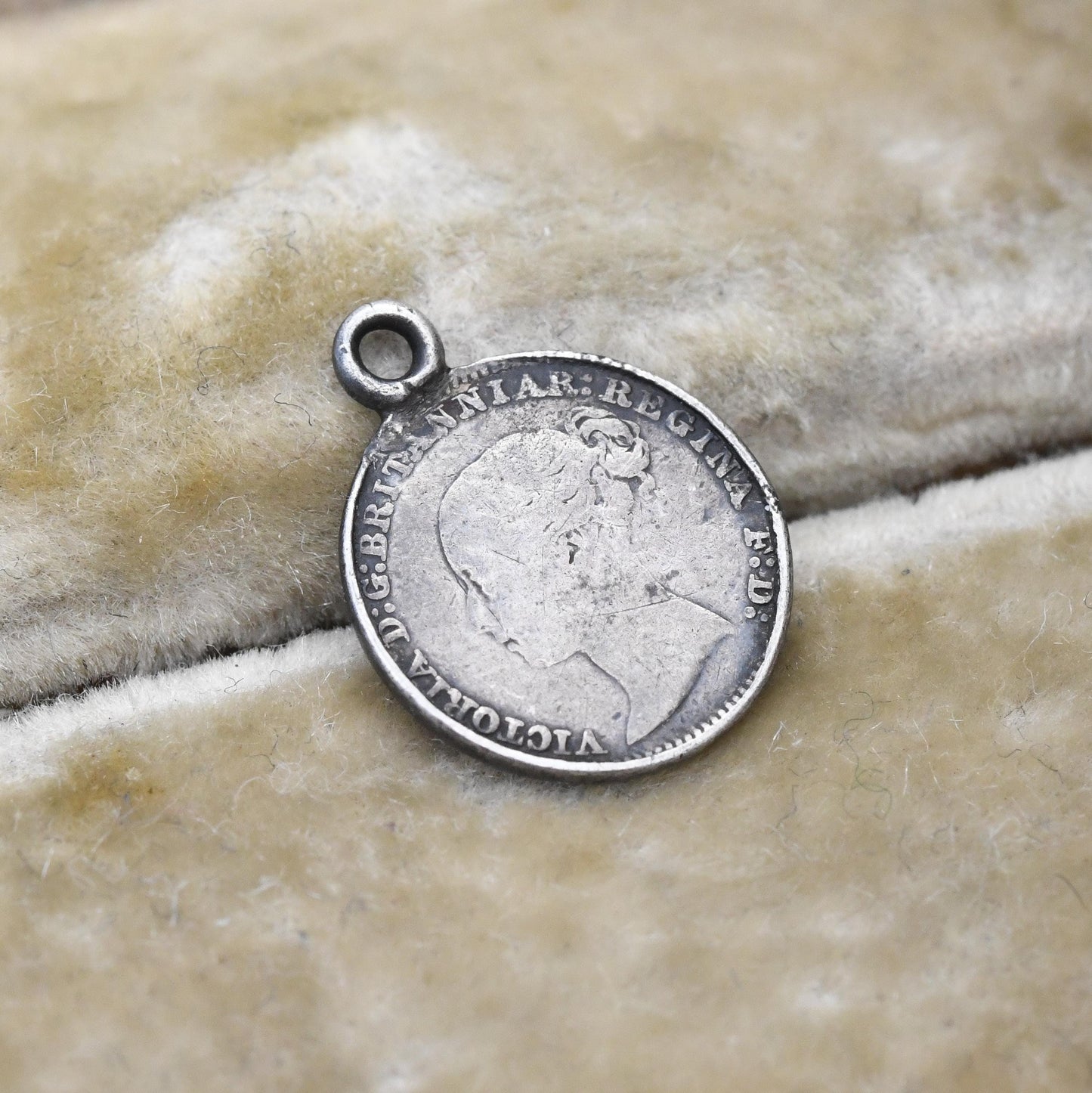1883 Victorian Maundy 1 Pence Coin Charm Pendant Antique Silver 1p - Tiny Little Old Money Charm | Young Head Queen Victoria
