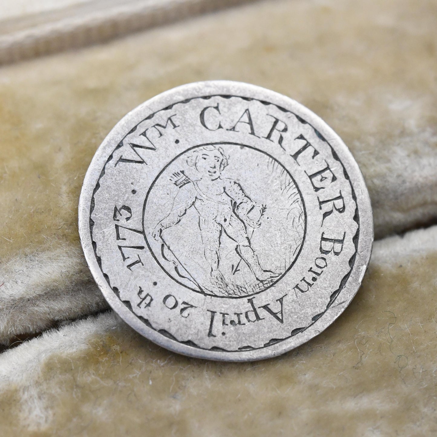 Georgian Love Token Silver William and Mary Coin William Carter Born April 20th 1773 - Engraved Pictorial Convict Token Cupid Baby Archer