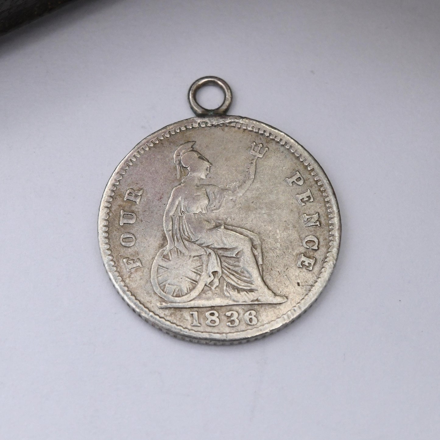 Antique William IV Silver Four Pence 1836 Coin Charm Pendant - Genuine Old Solid Silver Coin Jewellery British Groat Joey | Seated Britannia
