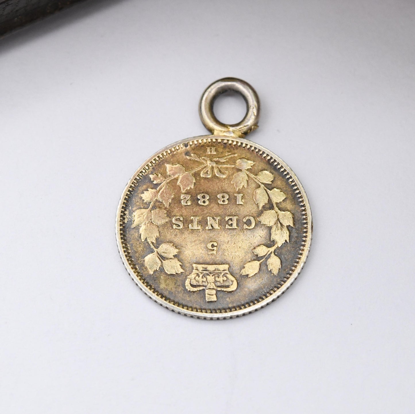 Antique Canada Victorian Silver 5 Cents Coin Charm Pendant 1882 Gold Plated - Canadian Young Head Victorian Silver Coin Jewellery Mounted