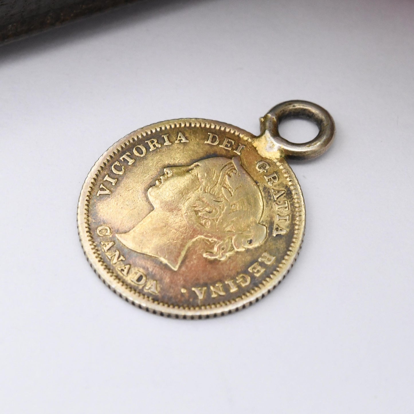 Antique Canada Victorian Silver 5 Cents Coin Charm Pendant 1882 Gold Plated - Canadian Young Head Victorian Silver Coin Jewellery Mounted