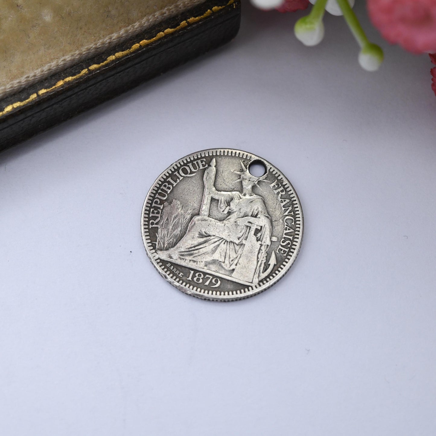 1879 French Cochinchina 10 Cents Coin Silver Antique Charm Pendant - French Republic Vietnam Scarce Coin Silver Coin Jewellery Seated France