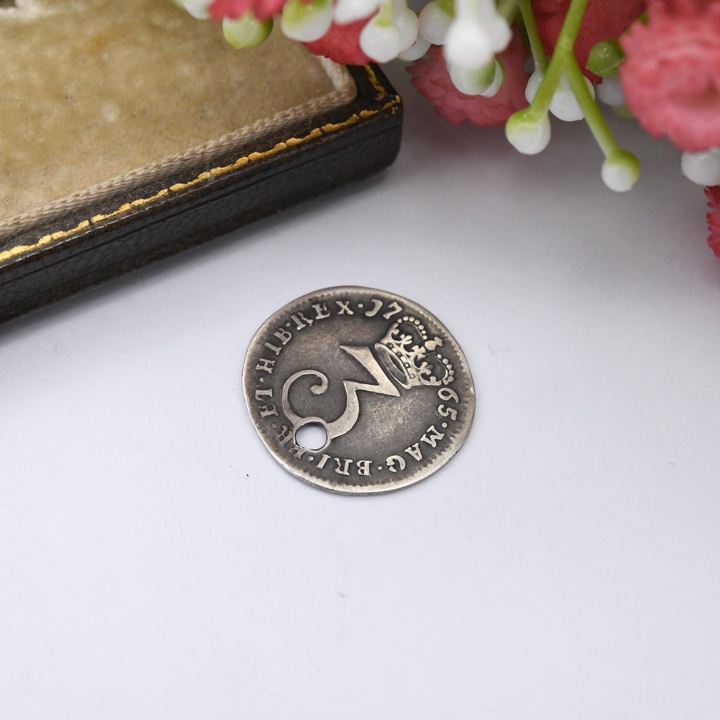 Antique Silver 1765 George III Threepence Coin Pendant Charm - Pierced Holed Silver Coin Jewellery | Georgian Era Commemorative