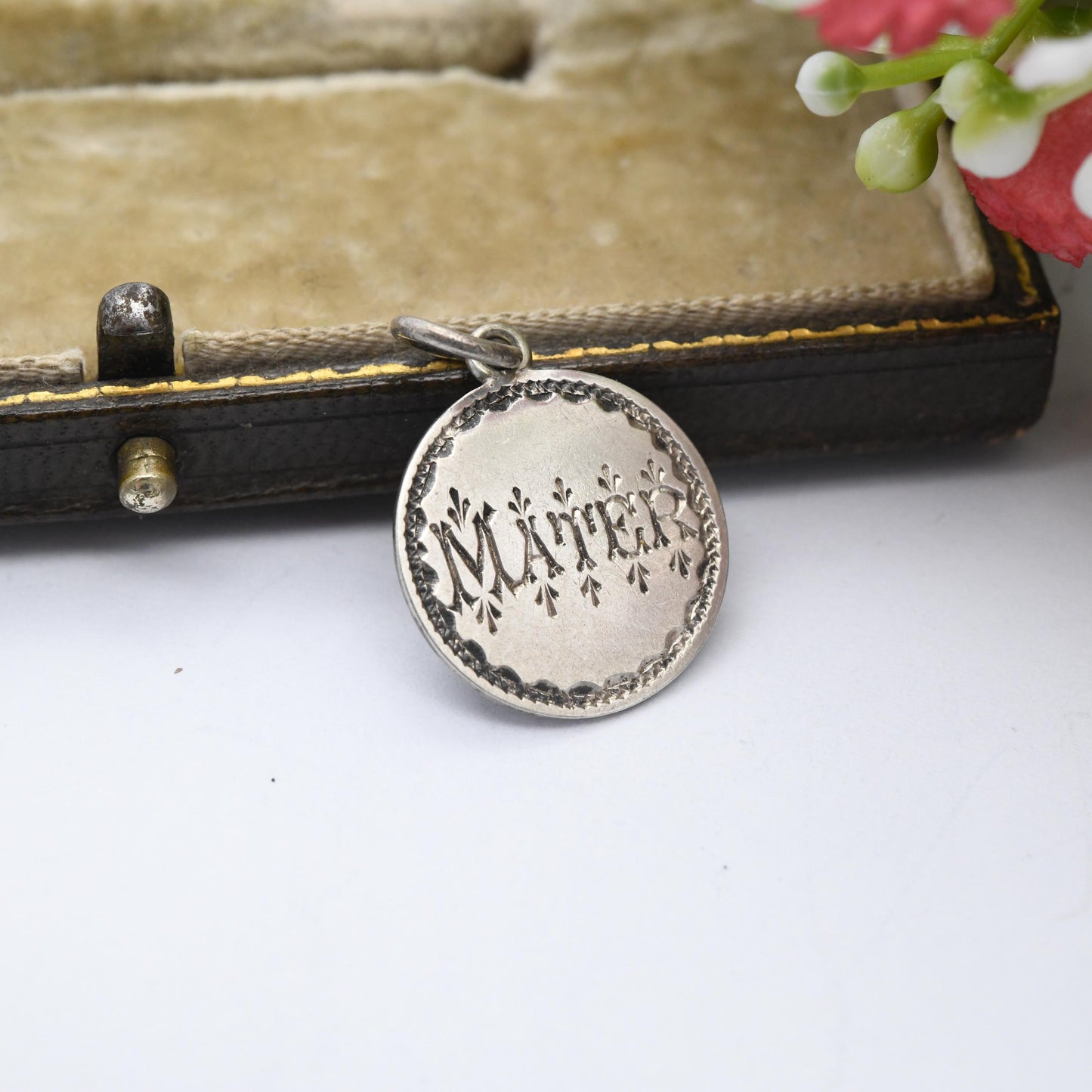 Antique Love Token Mater Sterling Silver Queen Victoria Threepence Coin Charm Pendant c. 1890s - Latin for Mum Mother Gift Charm Jewellery
