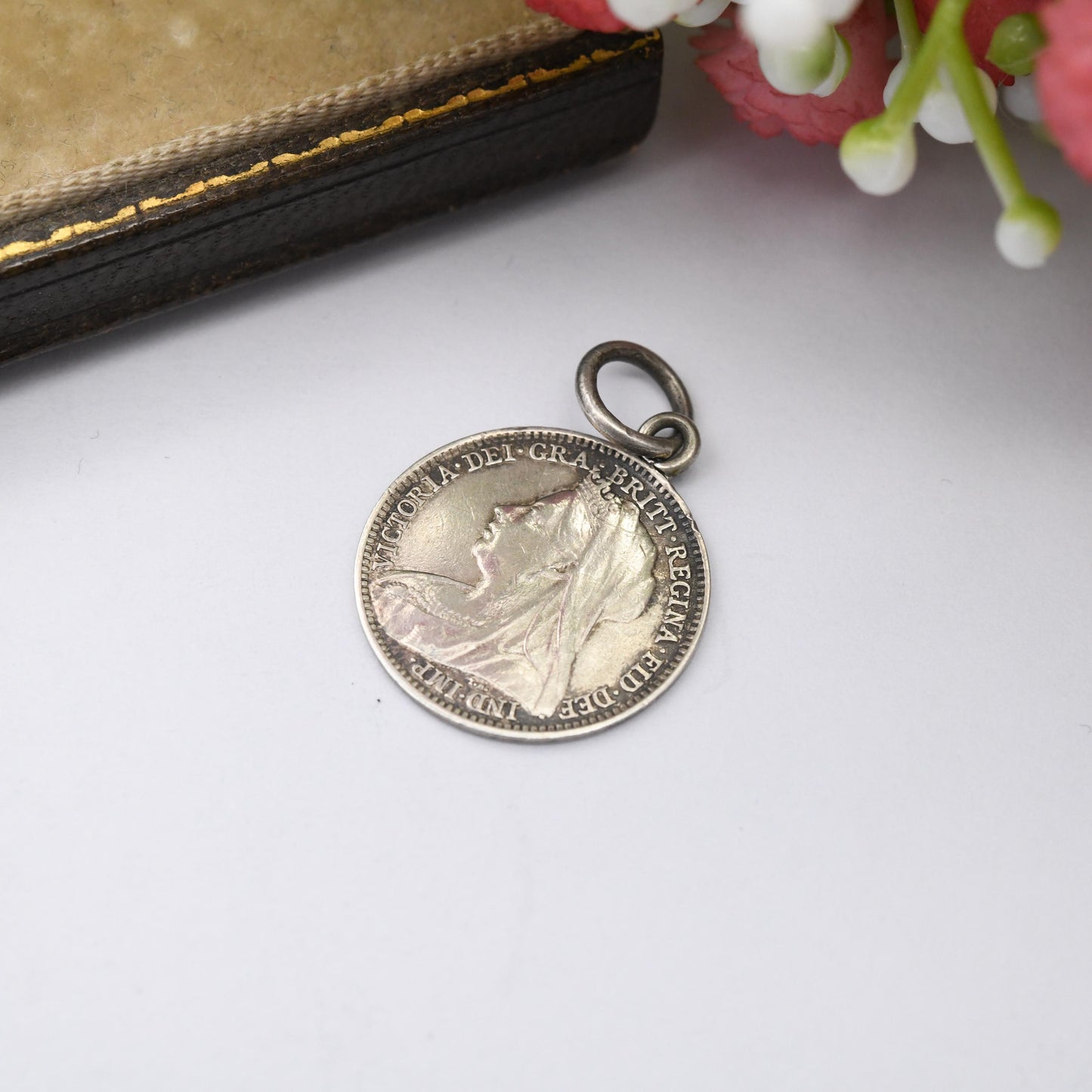 Antique Love Token Mater Sterling Silver Queen Victoria Threepence Coin Charm Pendant c. 1890s - Latin for Mum Mother Gift Charm Jewellery