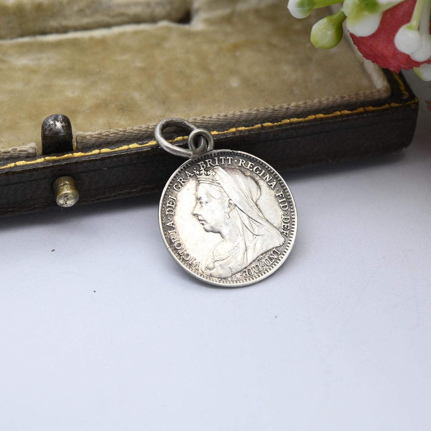 Antique Love Token Mater Sterling Silver Queen Victoria Threepence Coin Charm Pendant c. 1890s - Latin for Mum Mother Gift Charm Jewellery