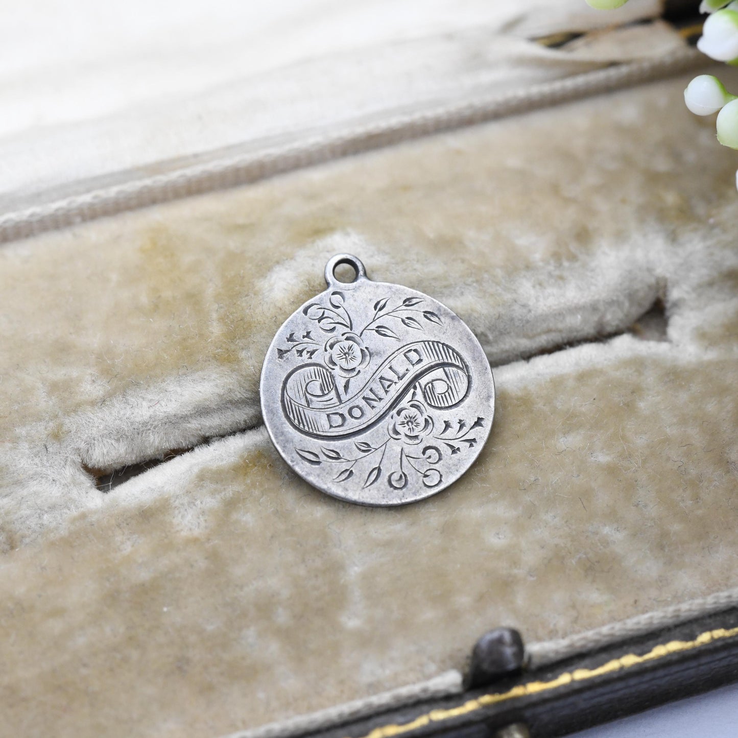 Antique Love Token Donald Sterling Silver Queen Victoria Threepence Coin Charm Pendant - Engraved Name Coin Old British Money Flower Design