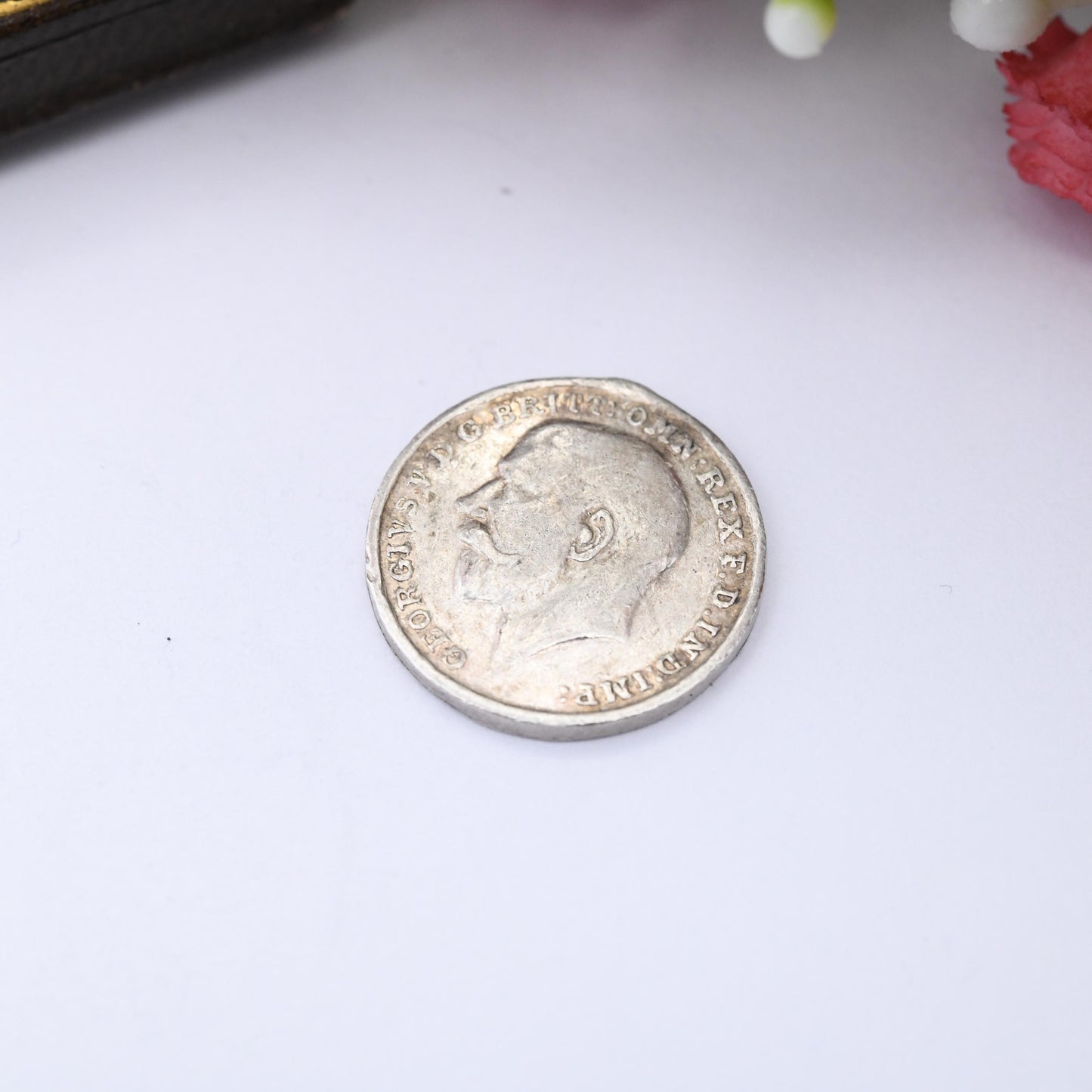 Antique Burton on Trent George V Token Souvenir Charm - Three Pence Size Shaped Silver Coin Medallion c. 1920s 1930s