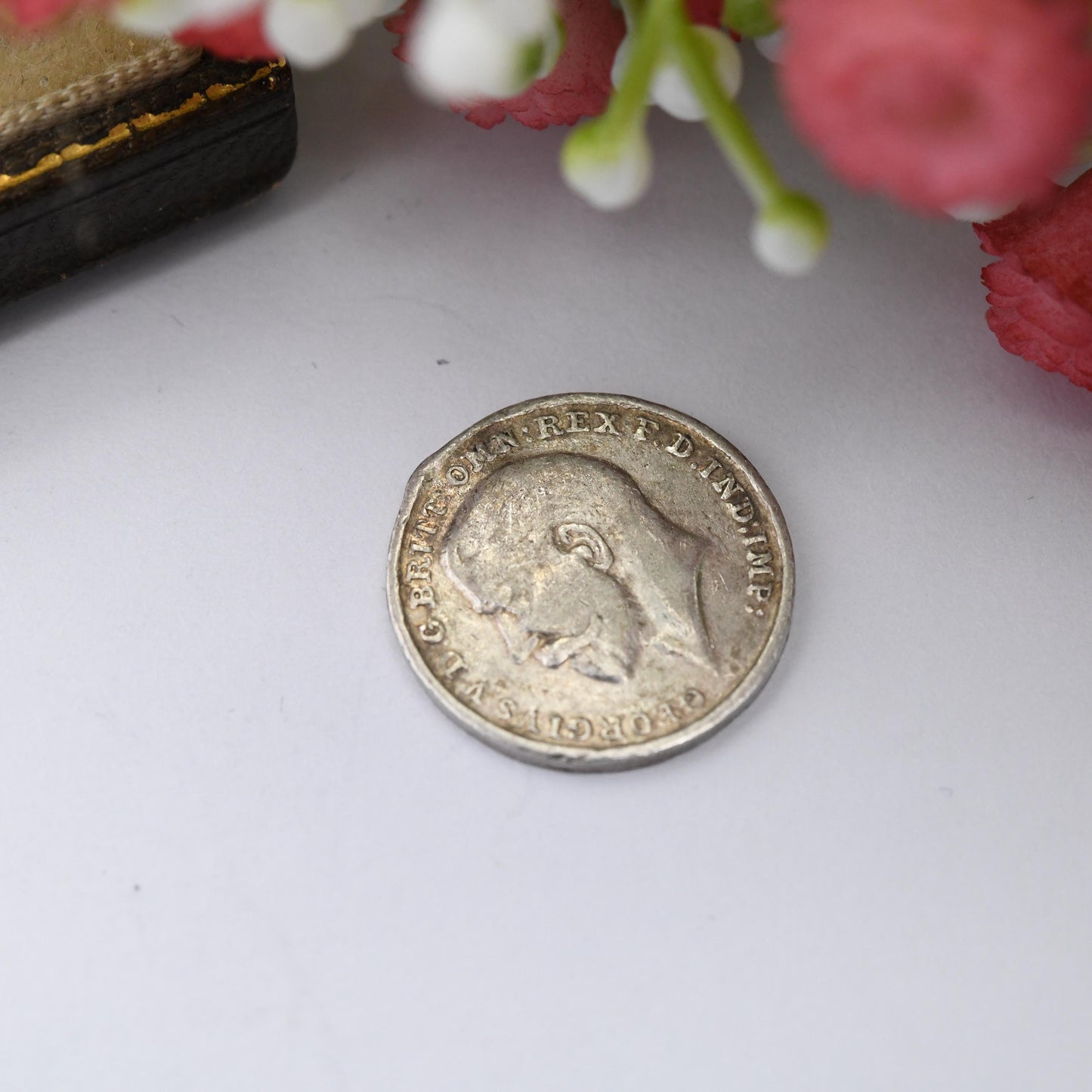 Antique Burton on Trent George V Token Souvenir Charm - Three Pence Size Shaped Silver Coin Medallion c. 1920s 1930s