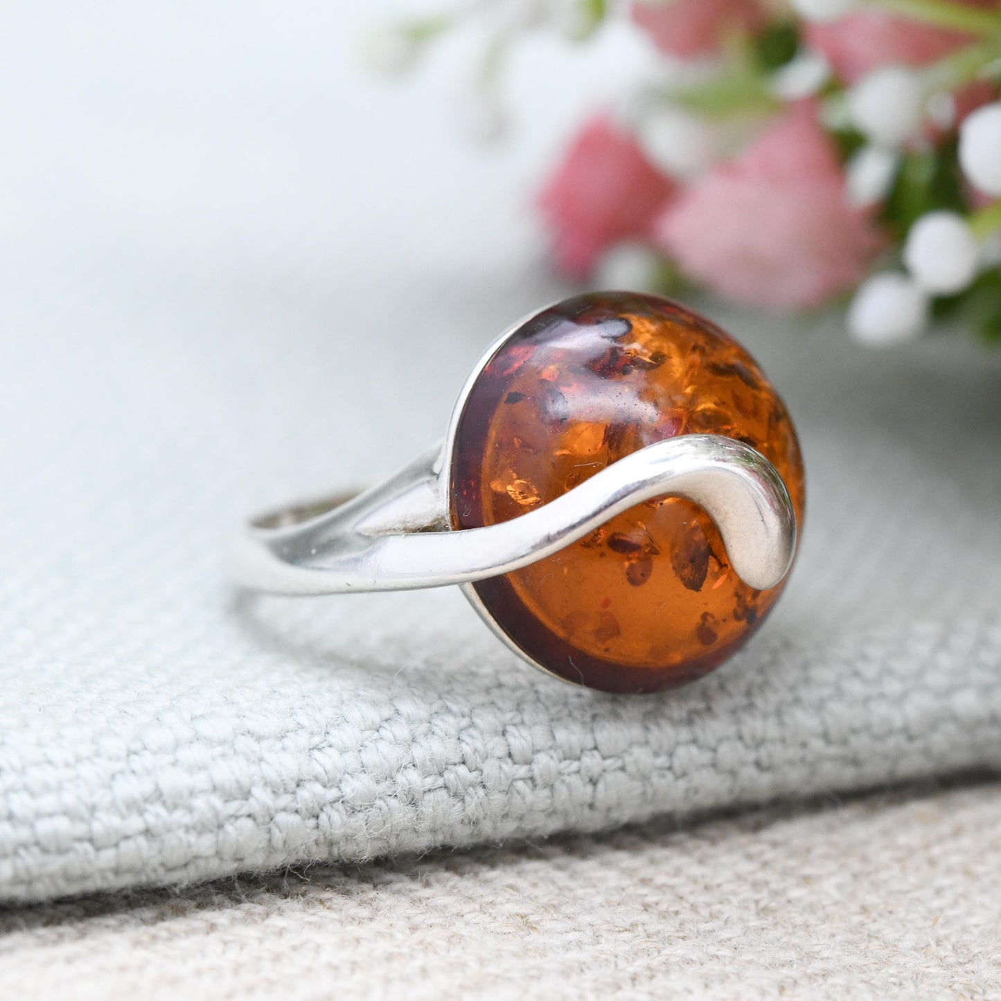 Statement Sterling Silver Amber Ring with Swirl Setting - Pretty Modernist Style Silver Ring Large Orange Stone | UK Size - S | US Size - 9