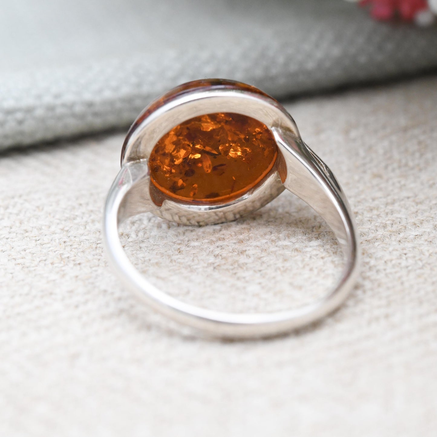Statement Sterling Silver Amber Ring with Swirl Setting - Pretty Modernist Style Silver Ring Large Orange Stone | UK Size - S | US Size - 9