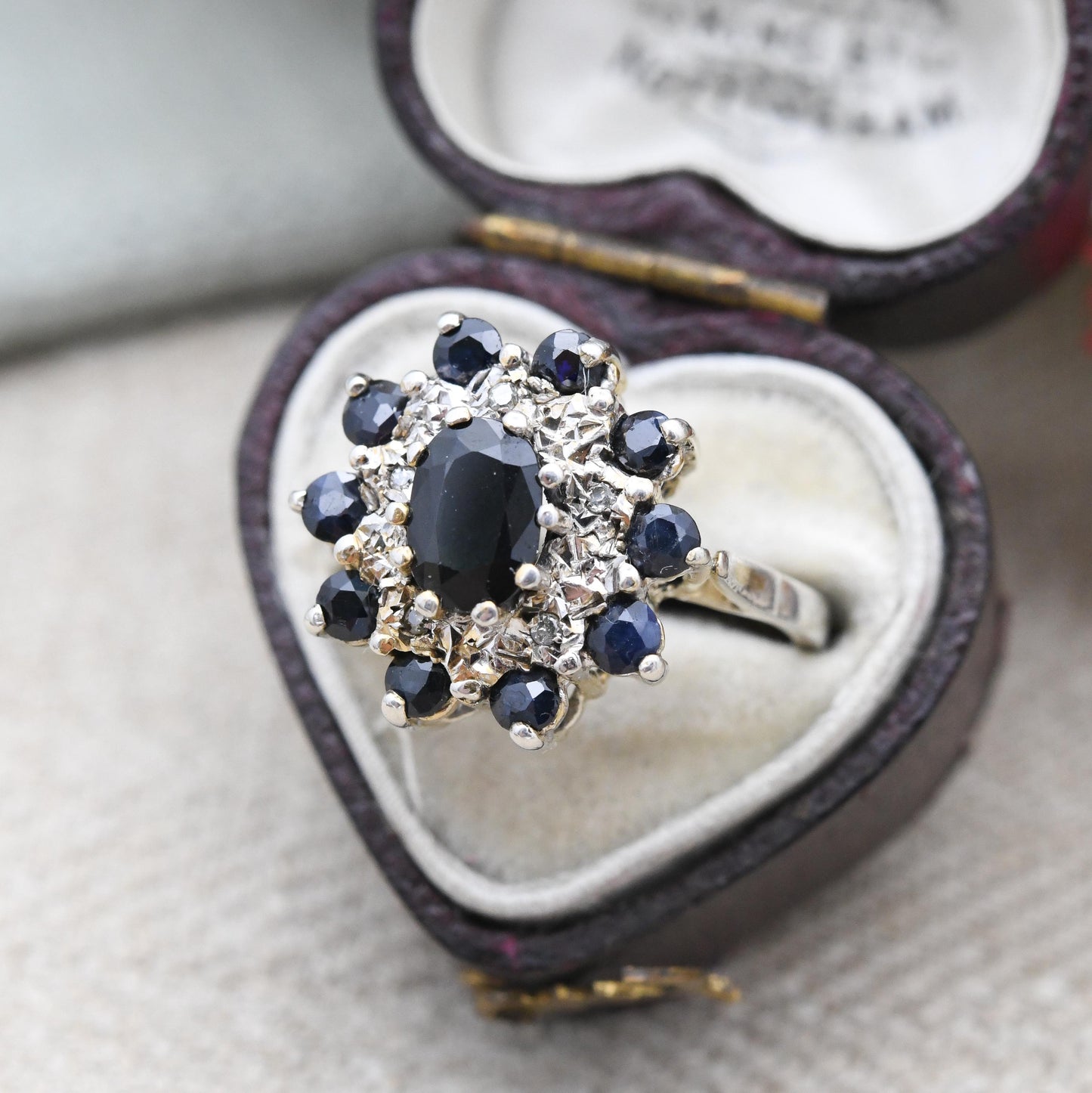 Vintage Sterling Silver Sapphire and Diamond Cocktail Ring 1981 - Mid-Century Statement Sparkly Cluster Ring | UK Size - M | US Size - 6 1/4